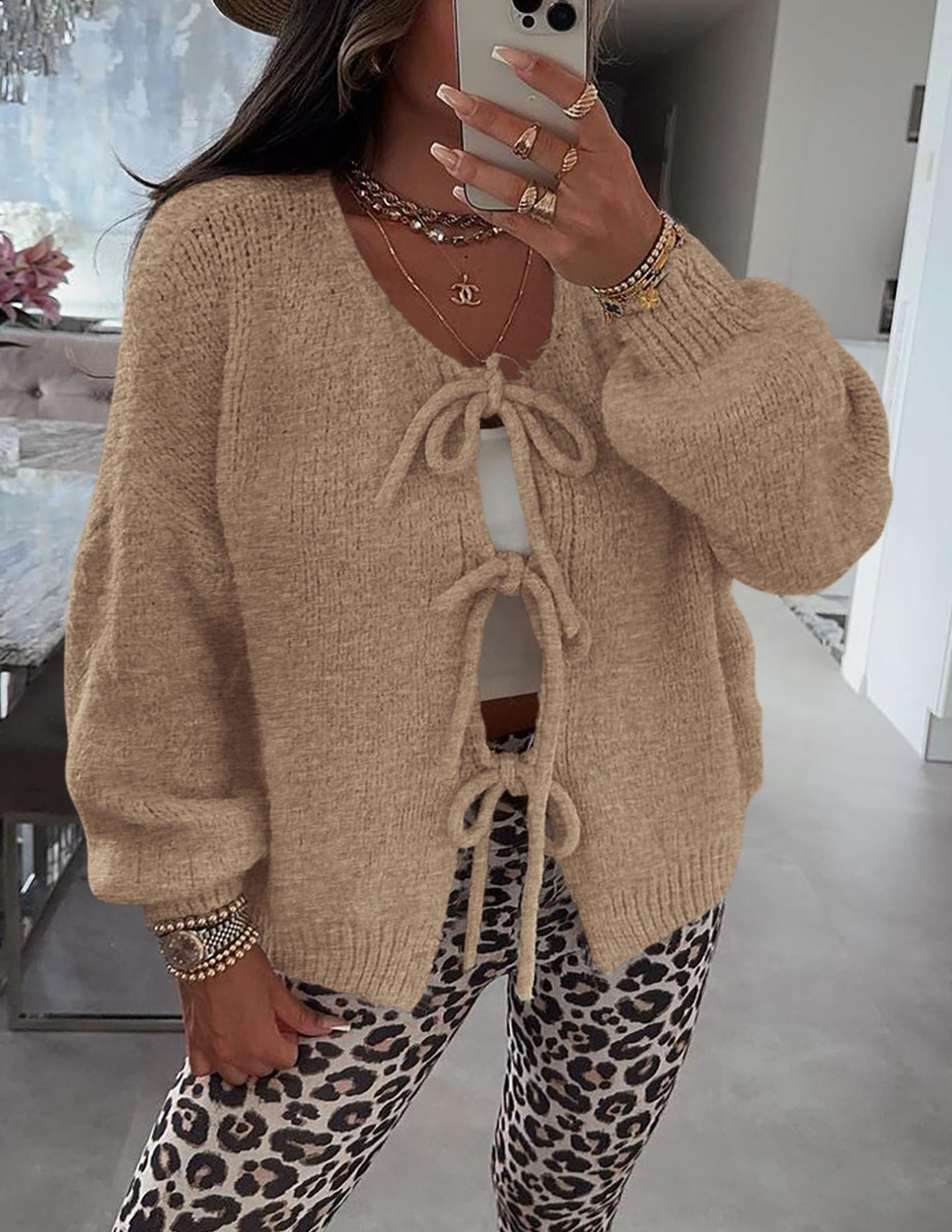 PRETTYGARDEN Women's Tie Front Bow Cardigan Sweaters Chunky Knit Long Puff Sleeve Trendy Fall Winter Jacket Coat