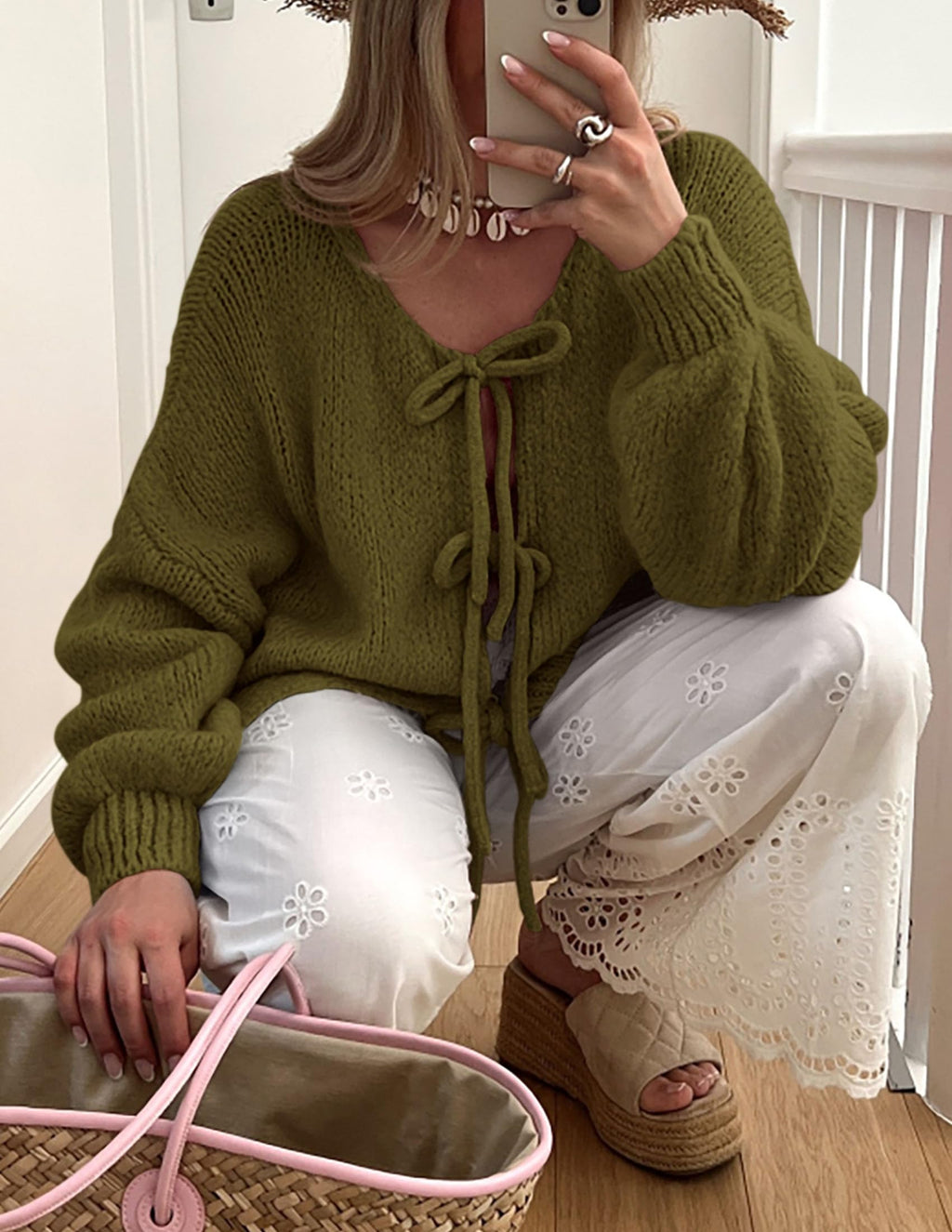 PRETTYGARDEN Women's Tie Front Bow Cardigan Sweaters Chunky Knit Long Puff Sleeve Trendy Fall Winter Jacket Coat