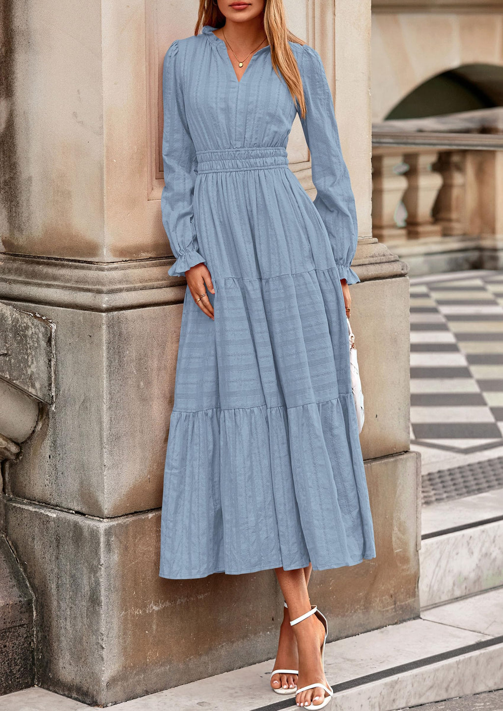 PRETTYGARDEN Women's Fall Wedding Guest Dresses Long Sleeve V Neck Flowy Elegant Holiday Party Maxi Dress with Pockets