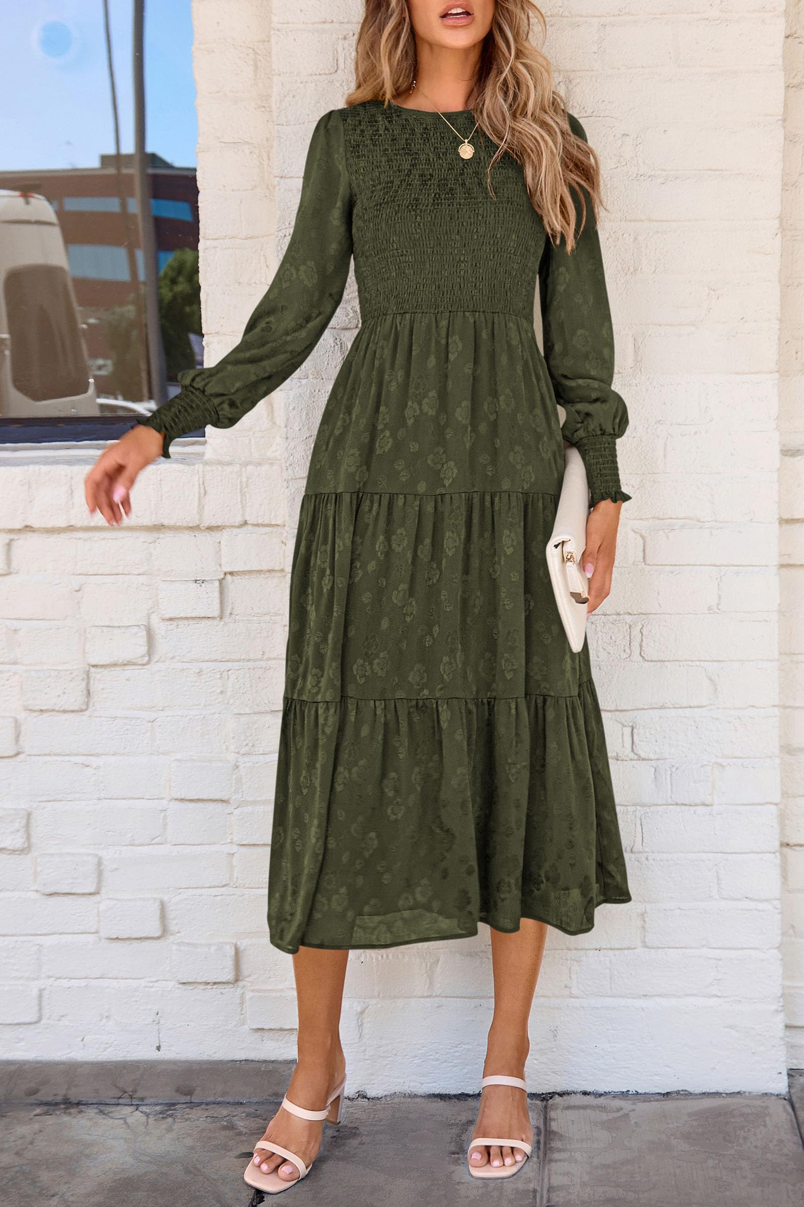 PRETTYGARDEN Women's Fall Spring Midi Dress Long Sleeve Floral Smocked Elegant Wedding Guest Long Flowy Dresses with Pockets