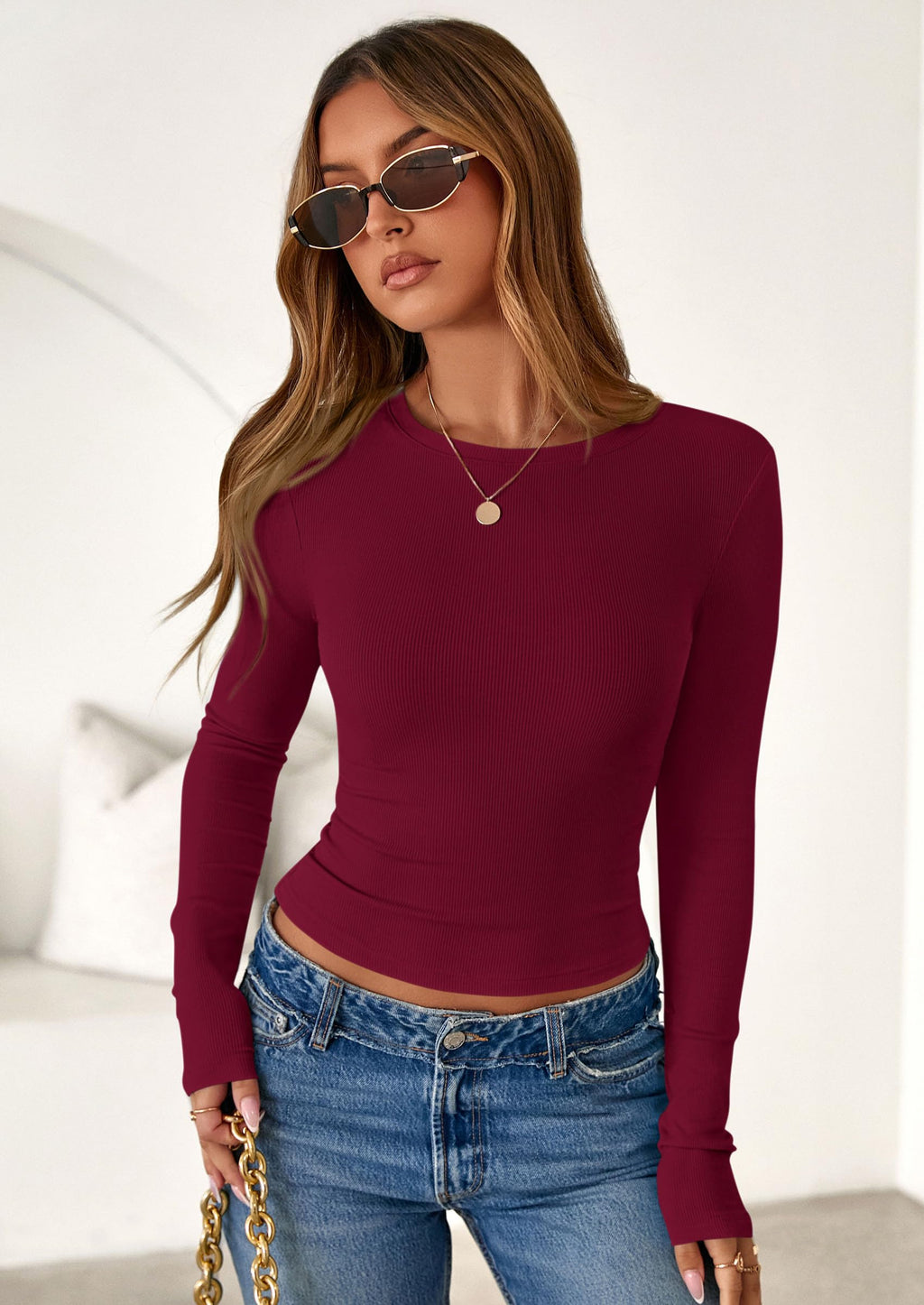 PRETTYGARDEN Women Fall Clothes Long Sleeve Shirts Ribbed Knit Fitted Basic Tee Going Out Tops Underscrub Casual Outfits