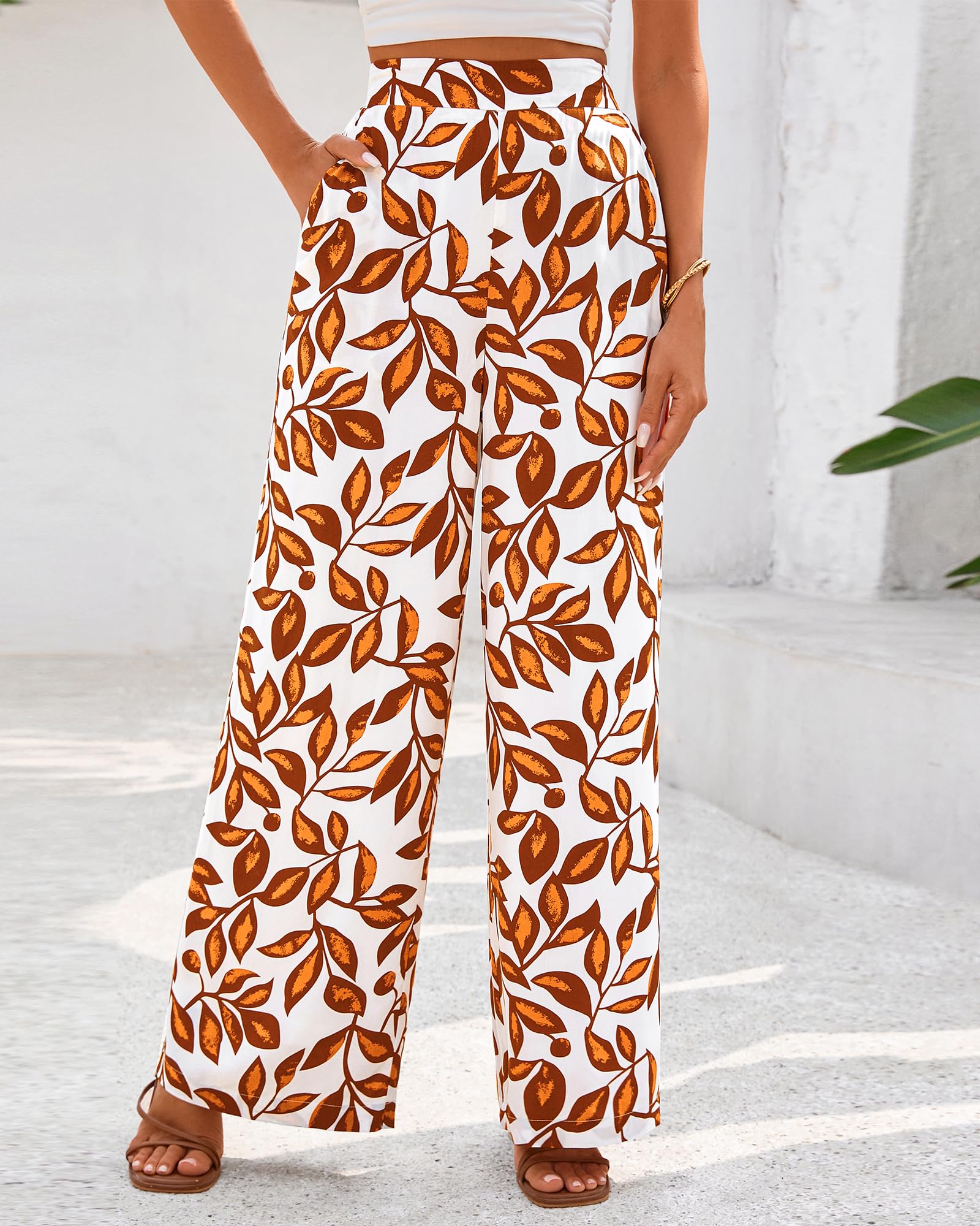 FreshPretty Womens Wide Leg Summer Pants Boho Beach Vacation Loose Elastic Waist Printed Palazzo Pant Pockets