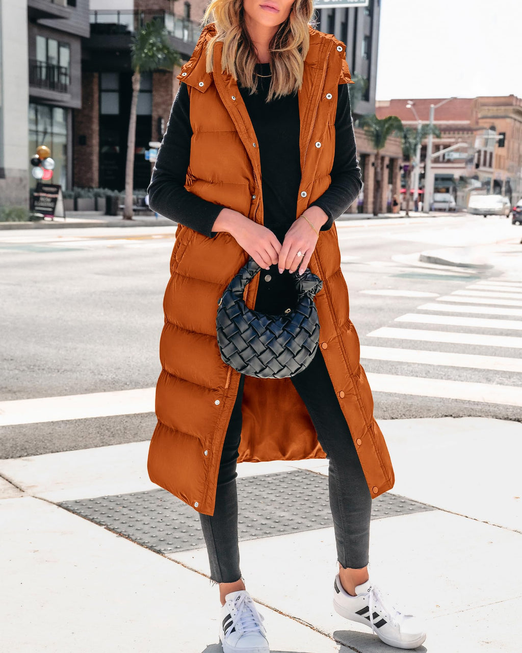 FreshPretty Long Puffer Vest Women Quilted Hooded Button Down Zip Up Sleeveless Vests Outerwear Padded Jacket Fall Winter Coat