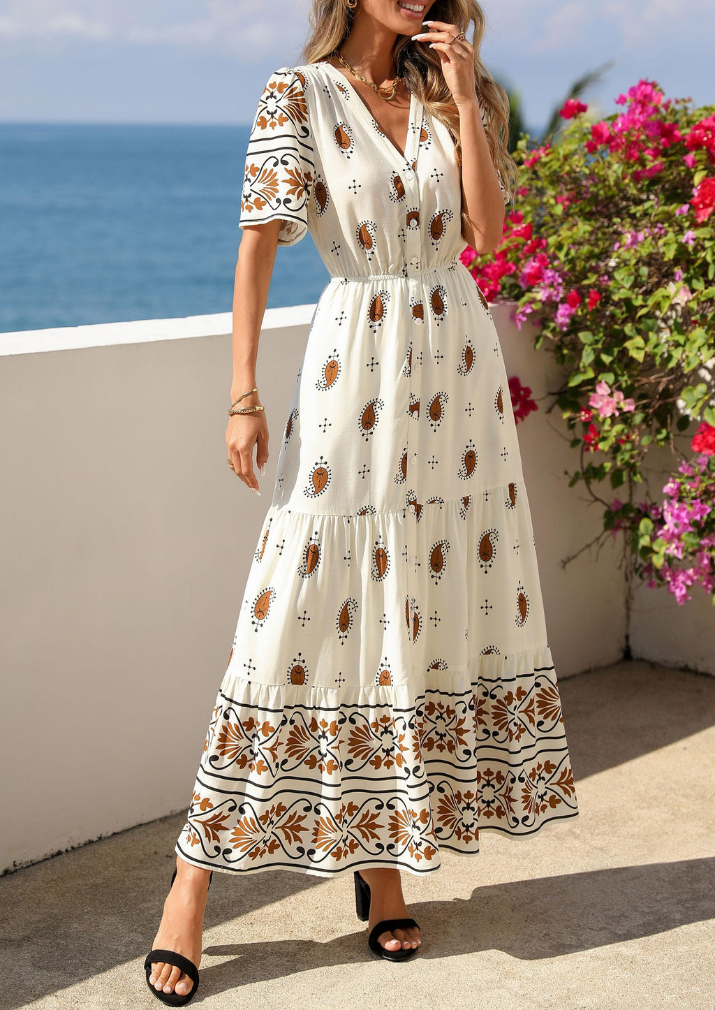 PRETTYGARDEN Womens Summer Boho Maxi Dress Trendy Short Sleeve V Neck Flowy Beach Floral Dresses with Pockets
