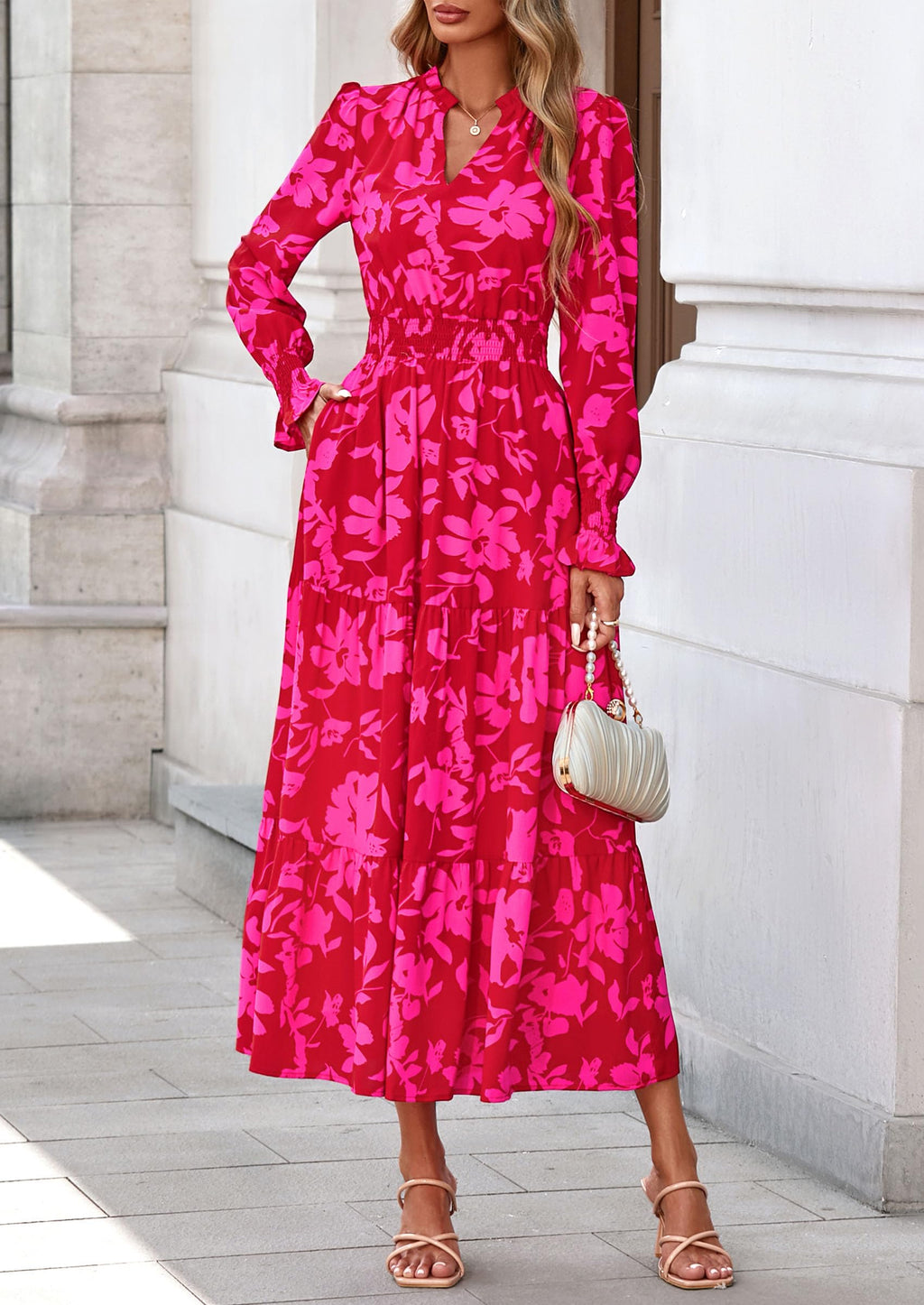 PRETTYGARDEN Women's Floral Maxi Dress Fall Long Sleeve V Neck Casual A Line Long Flowy Boho Party Dresses