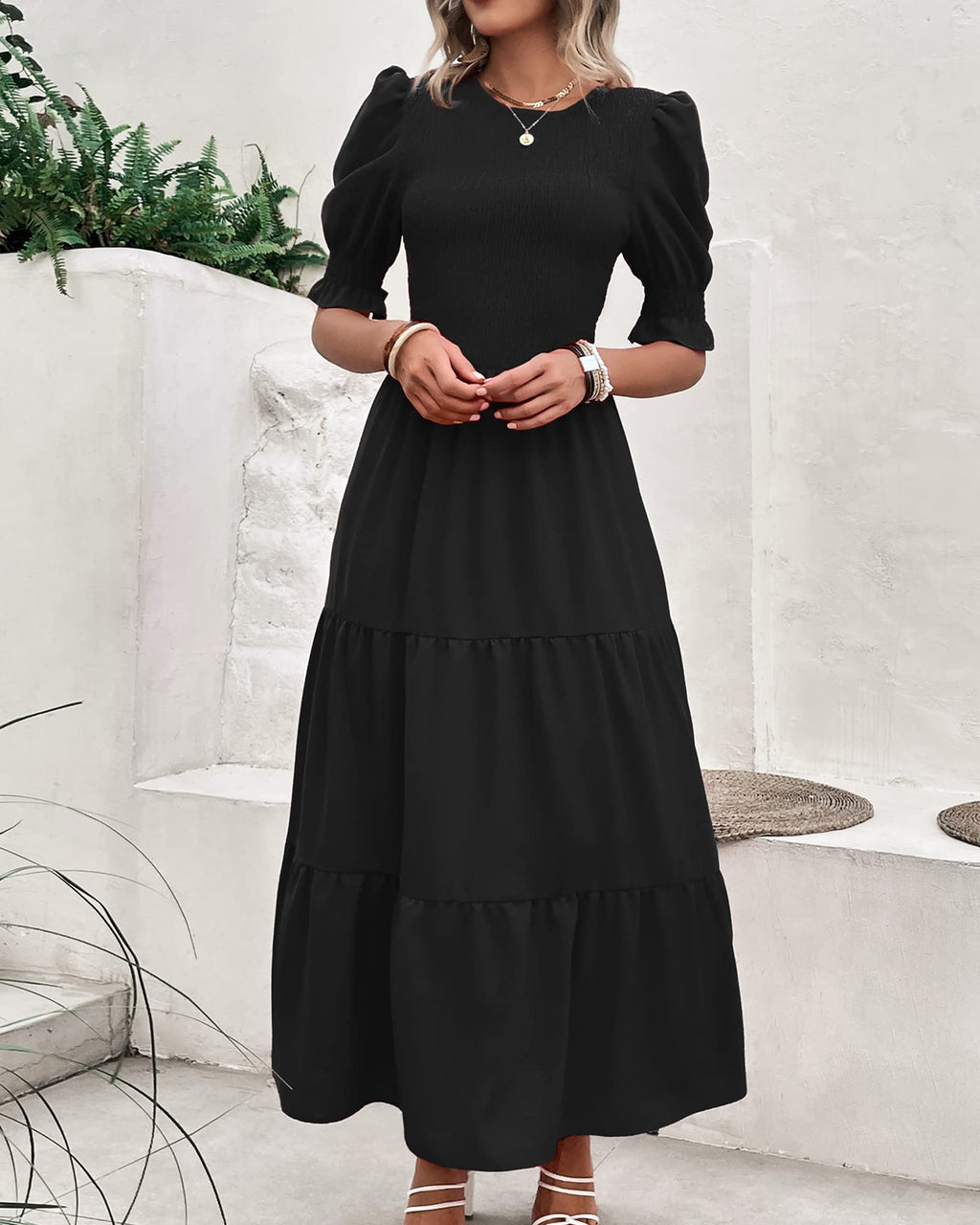 FreshPretty Women Casual Summer Dresses Spring Crew Neck Ruffle Short Sleeve Floral Print Smocked Boho Flowy Maxi Dress