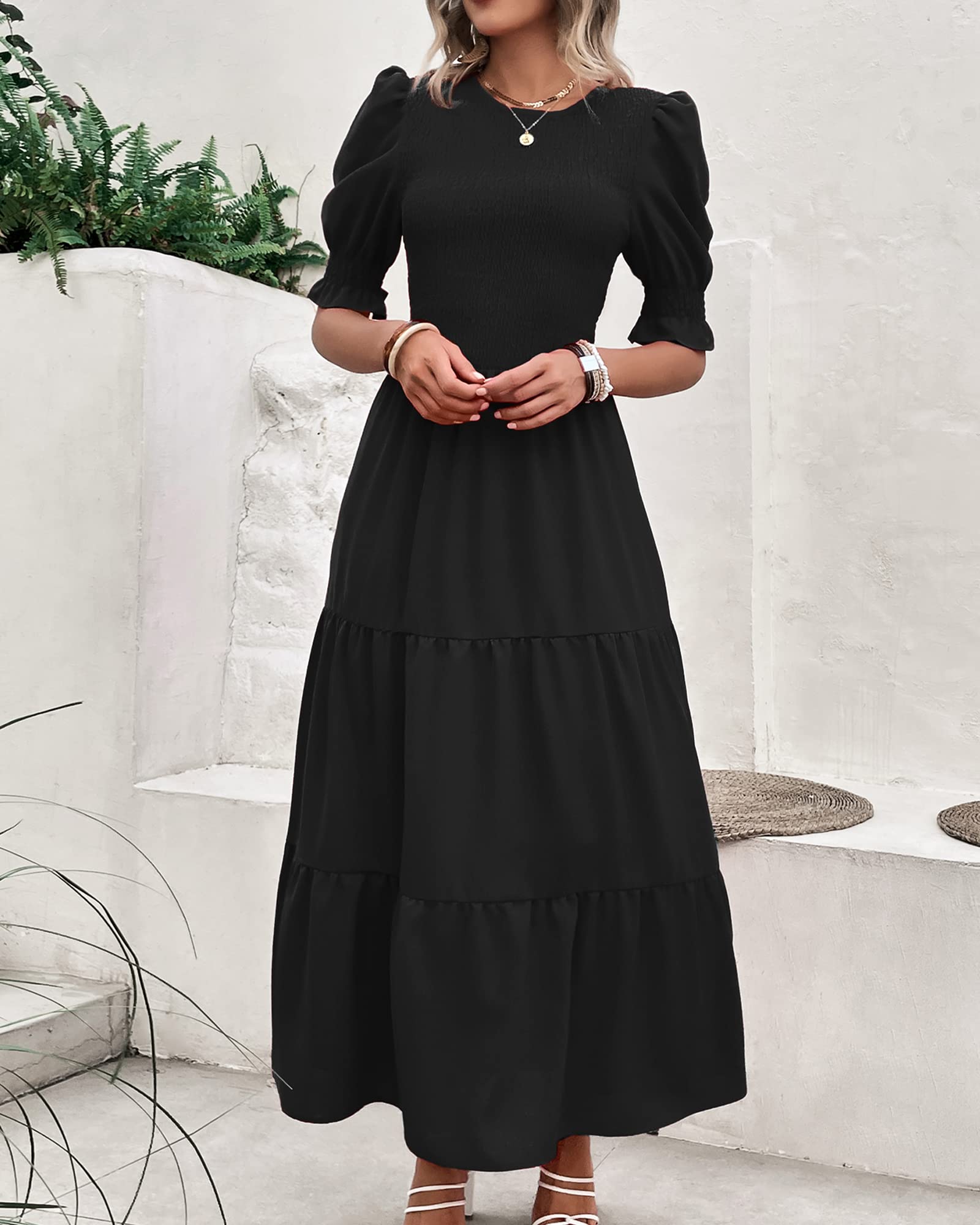 FreshPretty Women Casual Summer Dresses Spring Crew Neck Ruffle Short Sleeve Floral Print Smocked Boho Flowy Maxi Dress