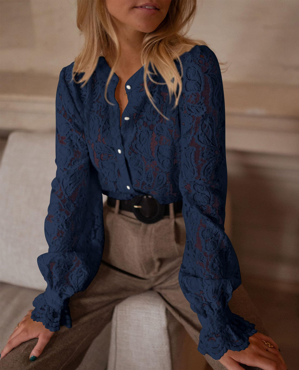 PRETTYGARDEN Women's Dressy Casual Lace Blouse Long Sleeve Button Up Shirts Tops Spring Fall Fashion Clothes