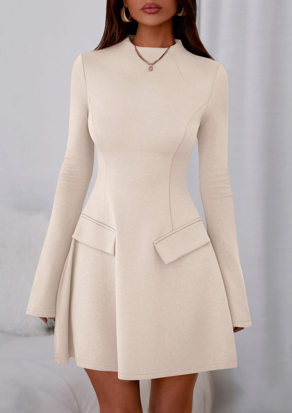 PRETTYGARDEN Women's Elegant Holiday Short Dress  Fall Bell Long Sleeve Mock Neck Work Business Casual Party Mini Dress