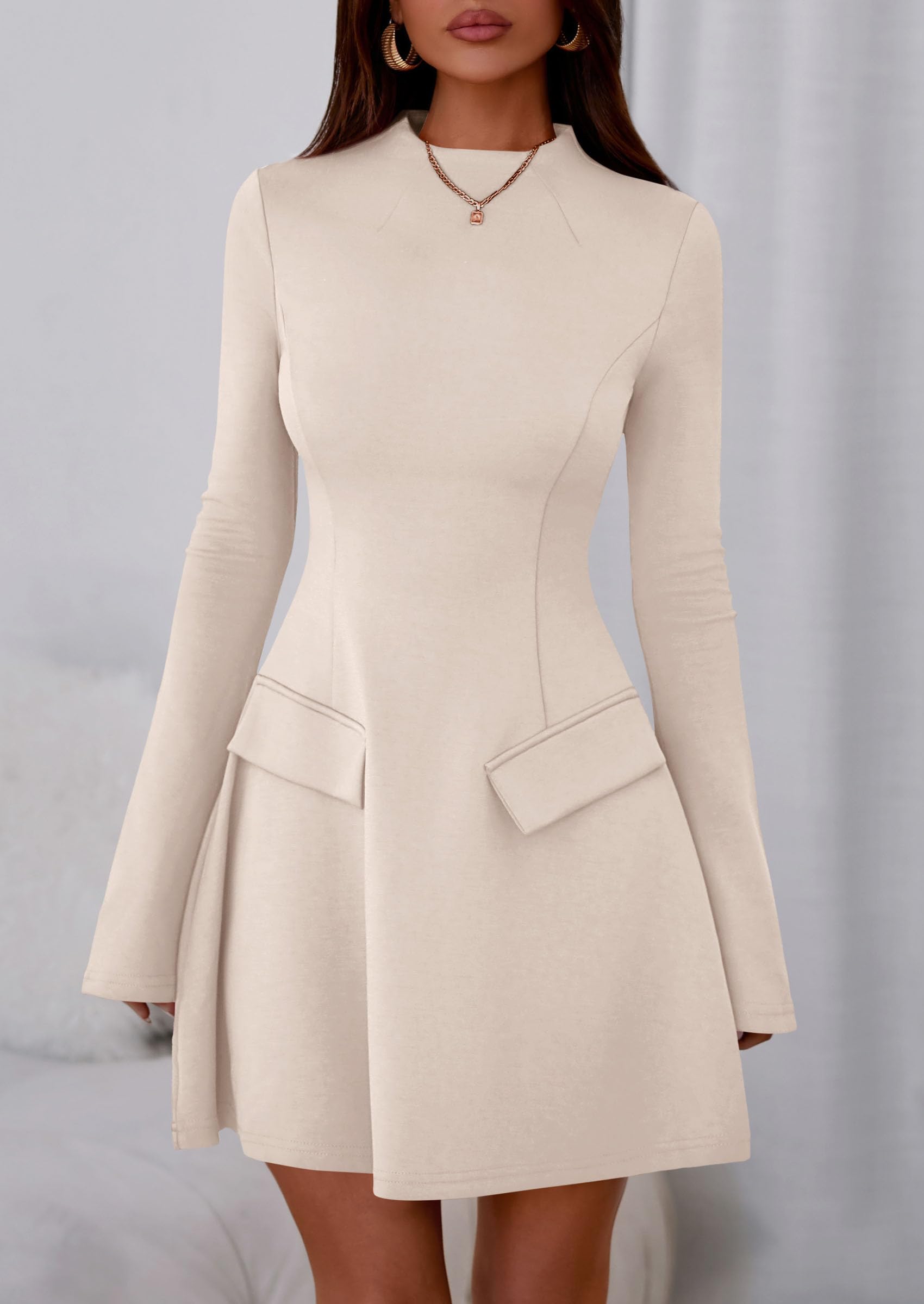 PRETTYGARDEN Women's Elegant Holiday Short Dress  Fall Bell Long Sleeve Mock Neck Work Business Casual Party Mini Dress