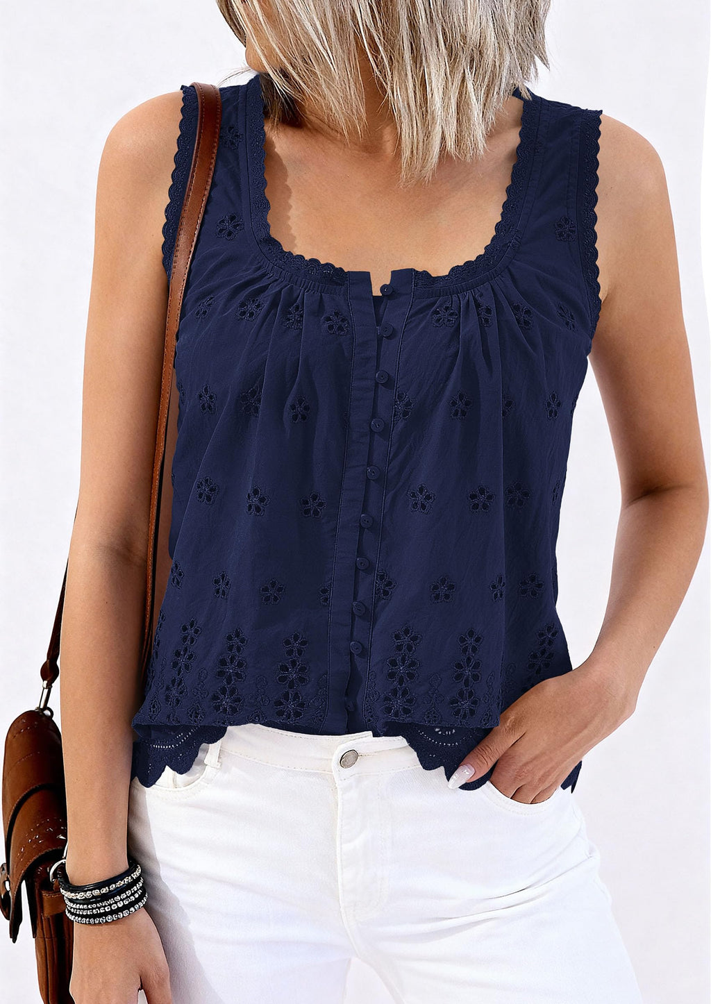 PRETTYGARDEN Womens Tank Tops 2026 Summer Button Down Shirts Embroidered Eyelet Dressy Casual Blouses Beach Vacation Clothes