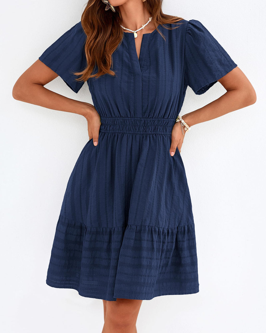 BTFBM Womens Spring  Casual Mini Dresses Lightweight Short Sleeve V Neck Elastic Waist Cute Boho Beach Dress Pockets