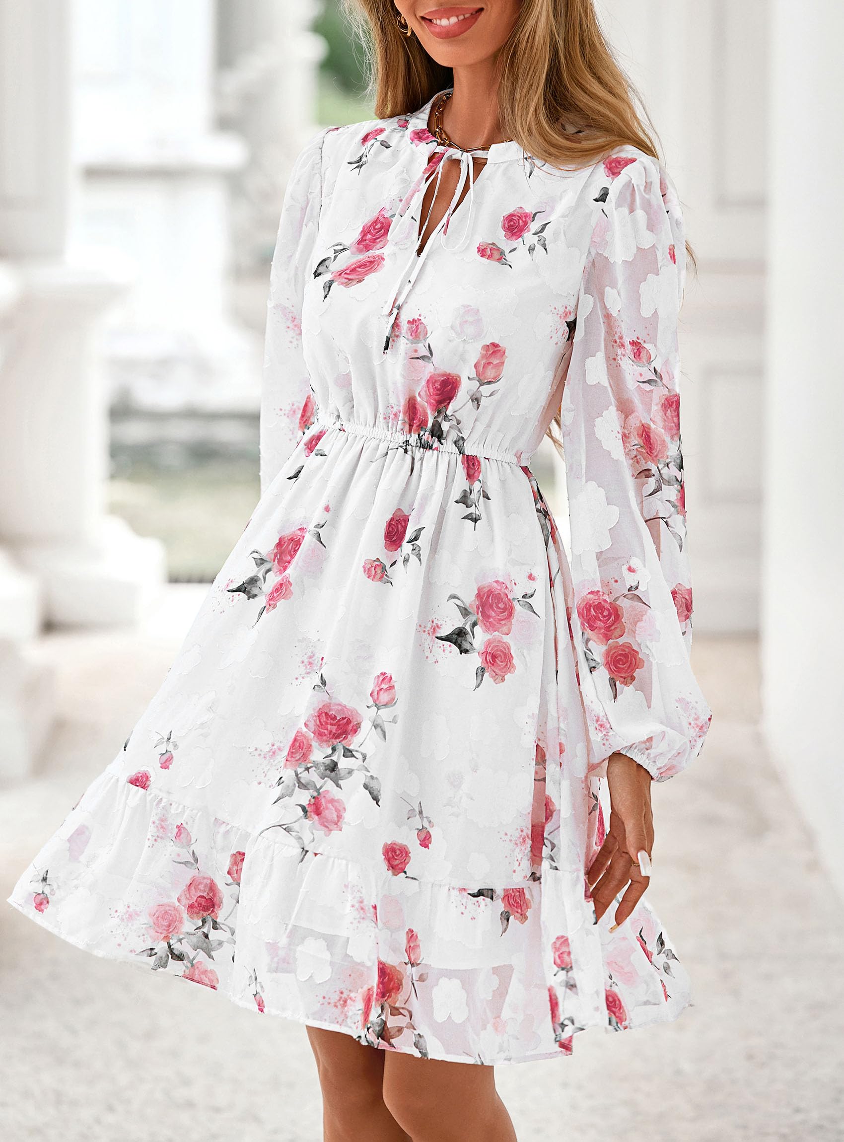 PRETTYGARDEN Women's Fall Boho Dresses  Floral Long Sleeve V Neck Mini Flowy Wedding Guest Dress Trendy Vacation Outfits