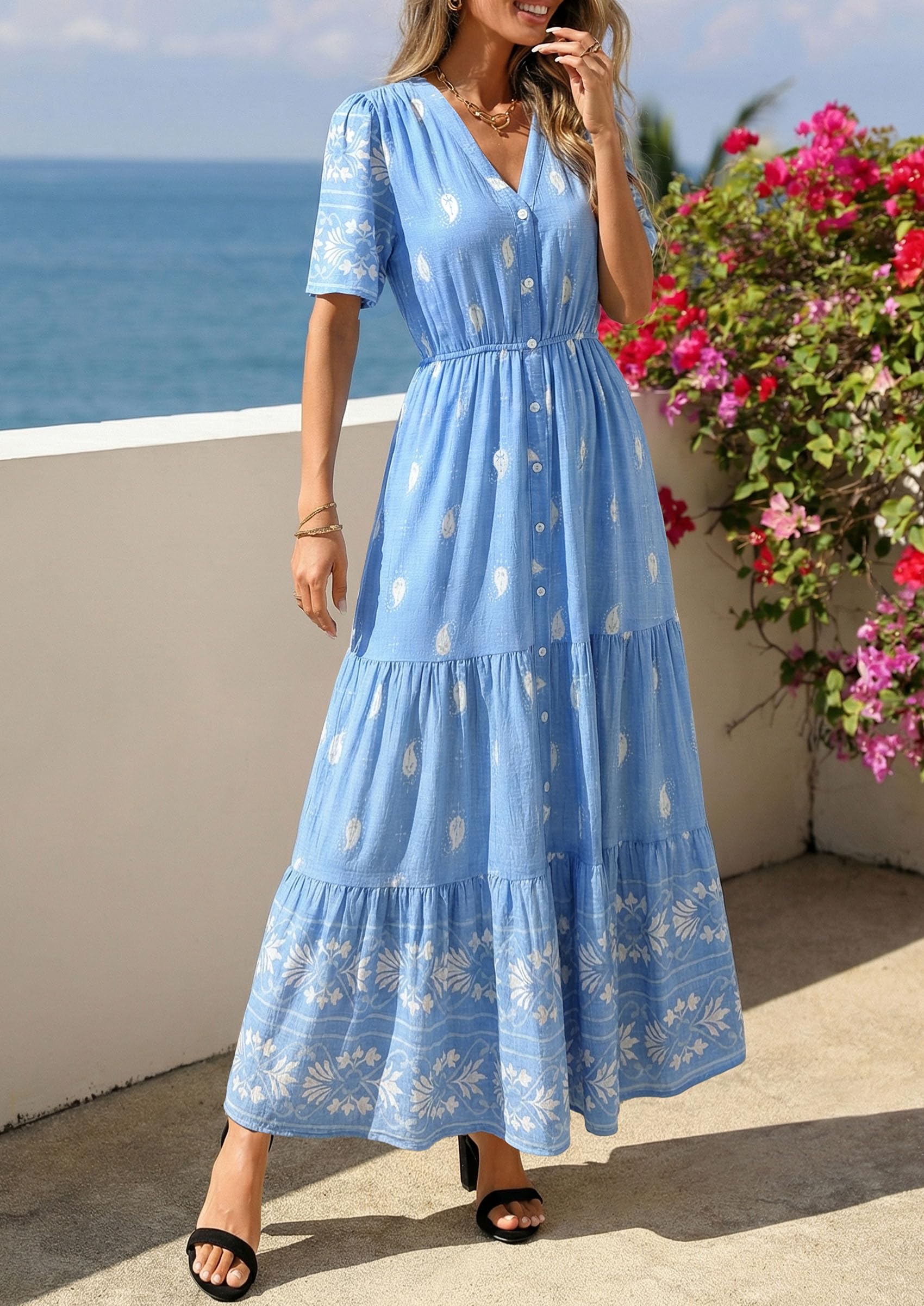 PRETTYGARDEN Womens Summer Boho Maxi Dress Trendy Short Sleeve V Neck Flowy Beach Floral Dresses with Pockets