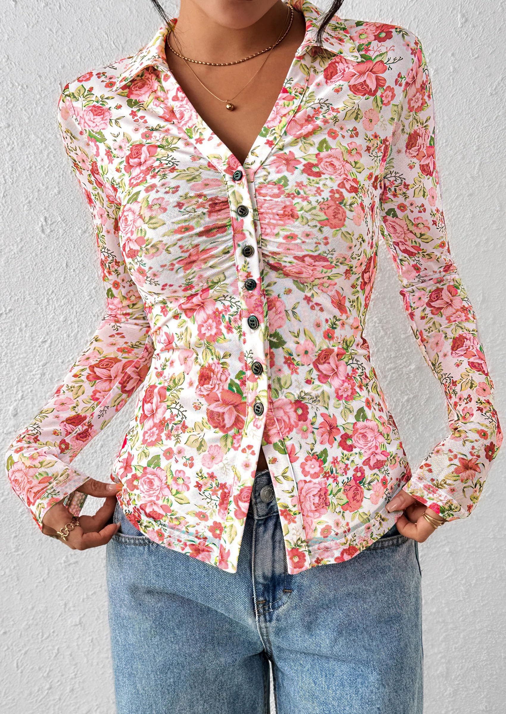 PRETTYGARDEN Women Button Down Floral Shirts Fall Trendy Long Sleeve V Neck Mesh Boho Blouse Spring Tops Date Outfits