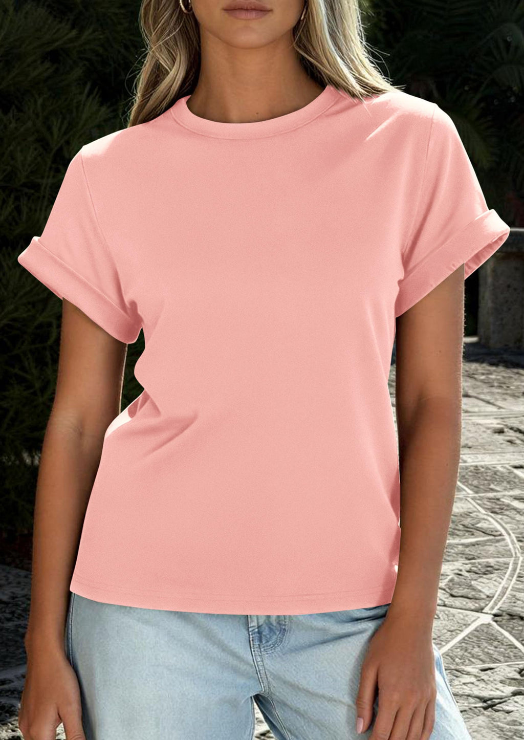 PRETTYGARDEN Womens Summer Tops Spring Casual Rolled Short Sleeve Basic Tees Crew Neck Work Shirts Fashion Clothing