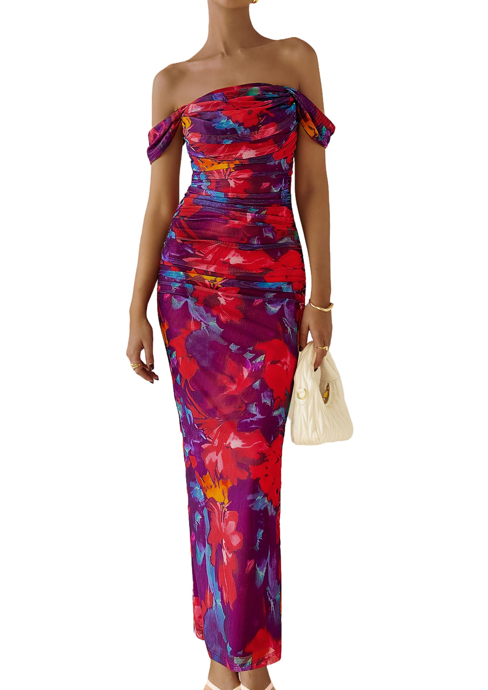 PRETTYGARDEN Cocktail Dresses for Women Summer Floral Off Shoulder Ruched Mesh Elegant Wedding Guest Maxi Dress