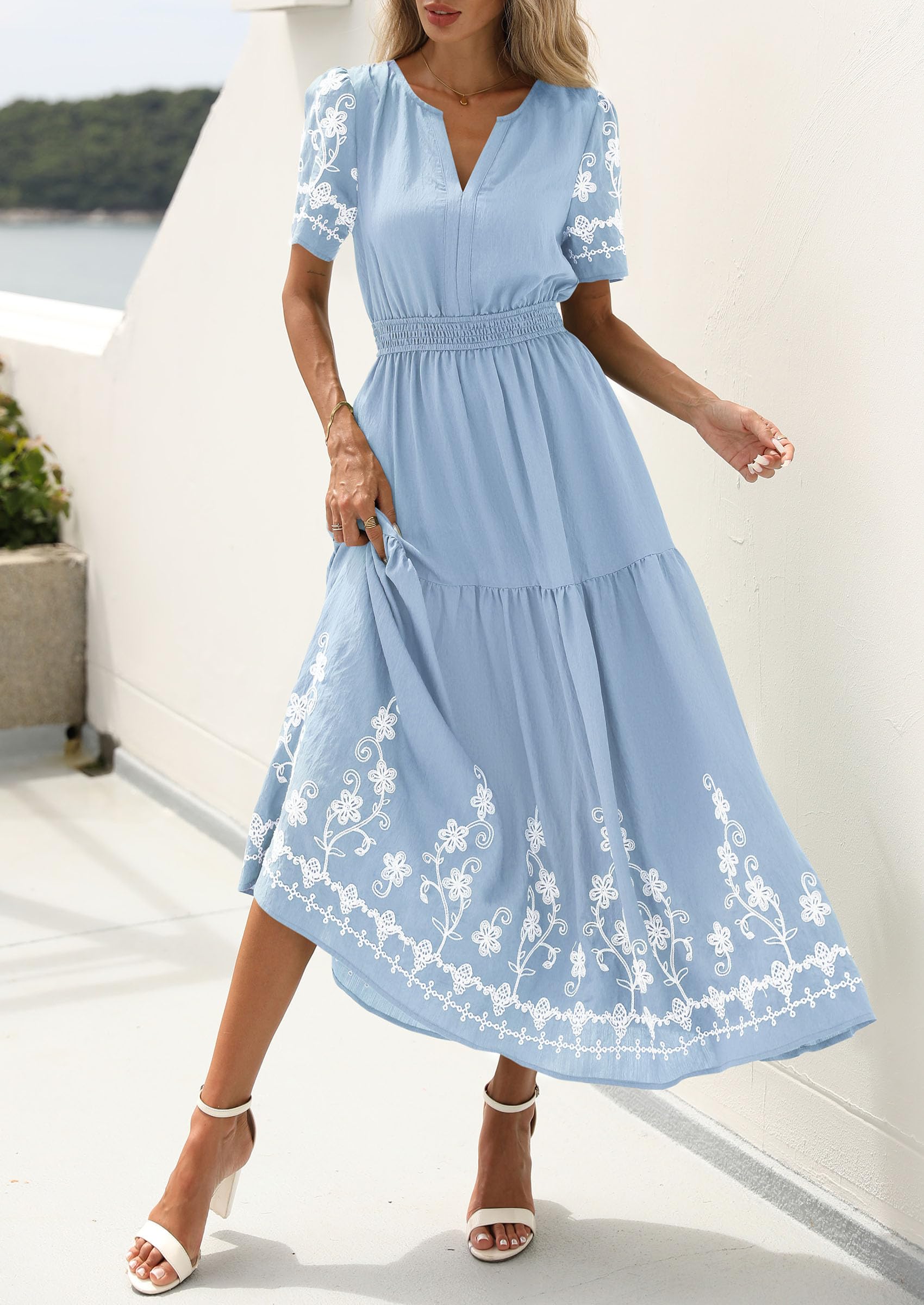 PRETTYGARDEN Women's Summer Boho Maxi Dress Spring Floral Short Sleeve V Neck A Line Flowy Beach Wedding Guest Dresses