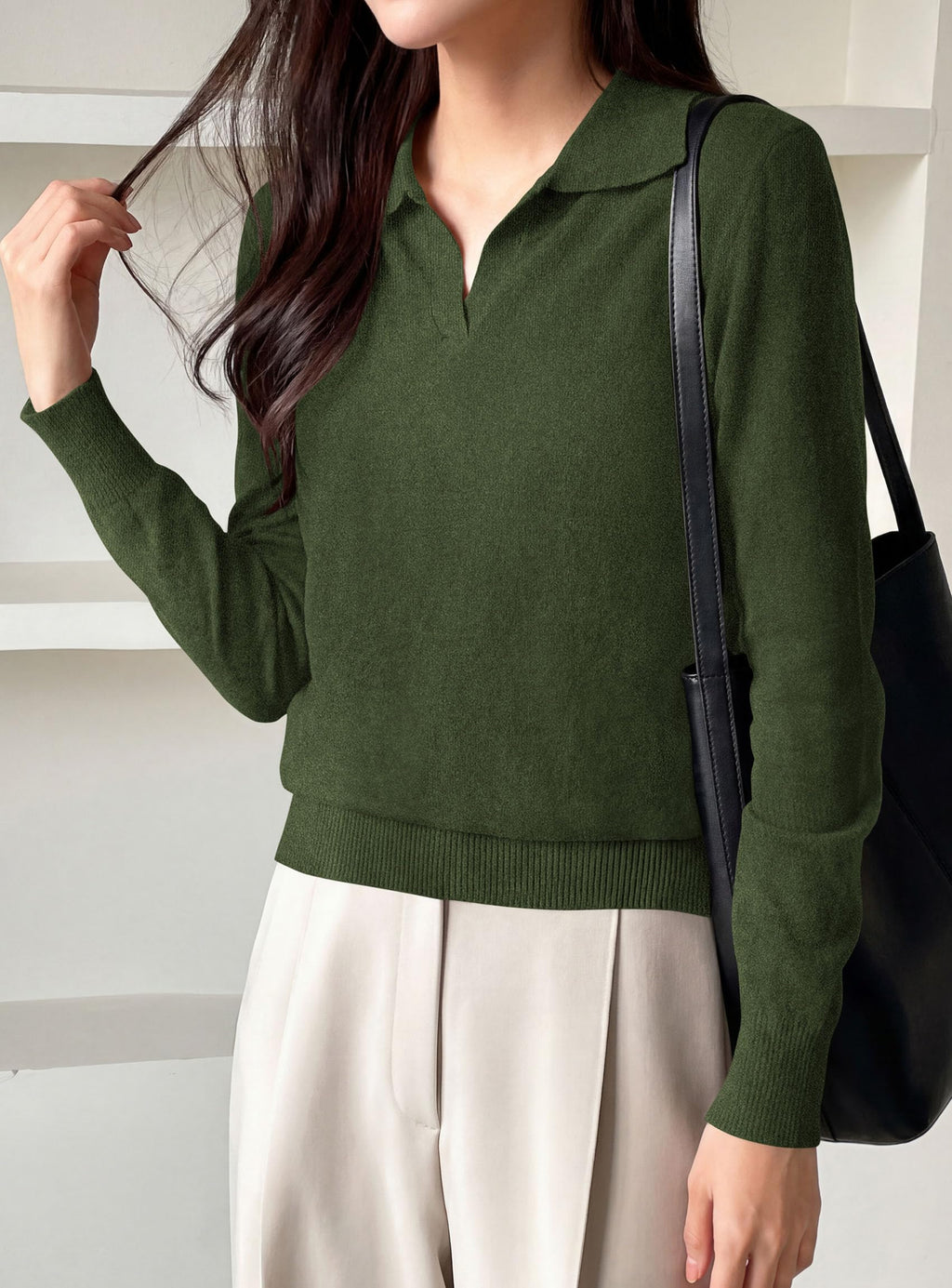 PRETTYGARDEN Womens Long Sleeve Collared Polo Sweater | Breathable Soft Ribbed Knit, Lapel V Neck Pullover Sweaters, Business Casual Work Office Tops, 2026 Trendy Fall Outfits
