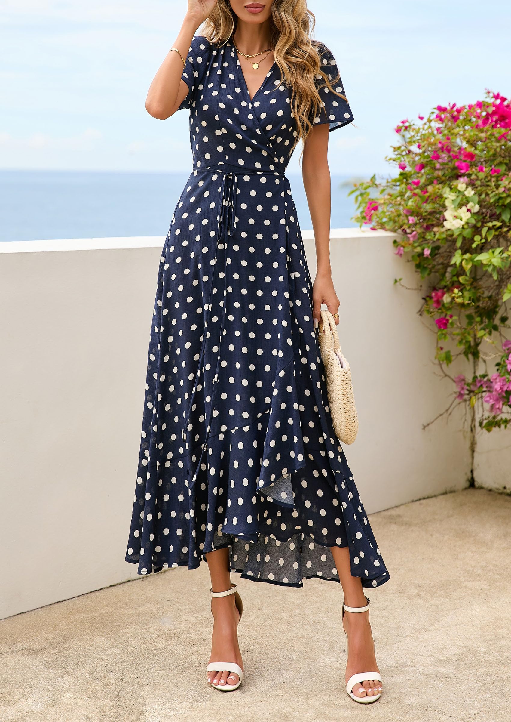PRETTYGARDEN Women's Summer Maxi Dress Casual Wrap Floral Boho Short Sleeve V Neck Split Ruffle Beach Long Dresses