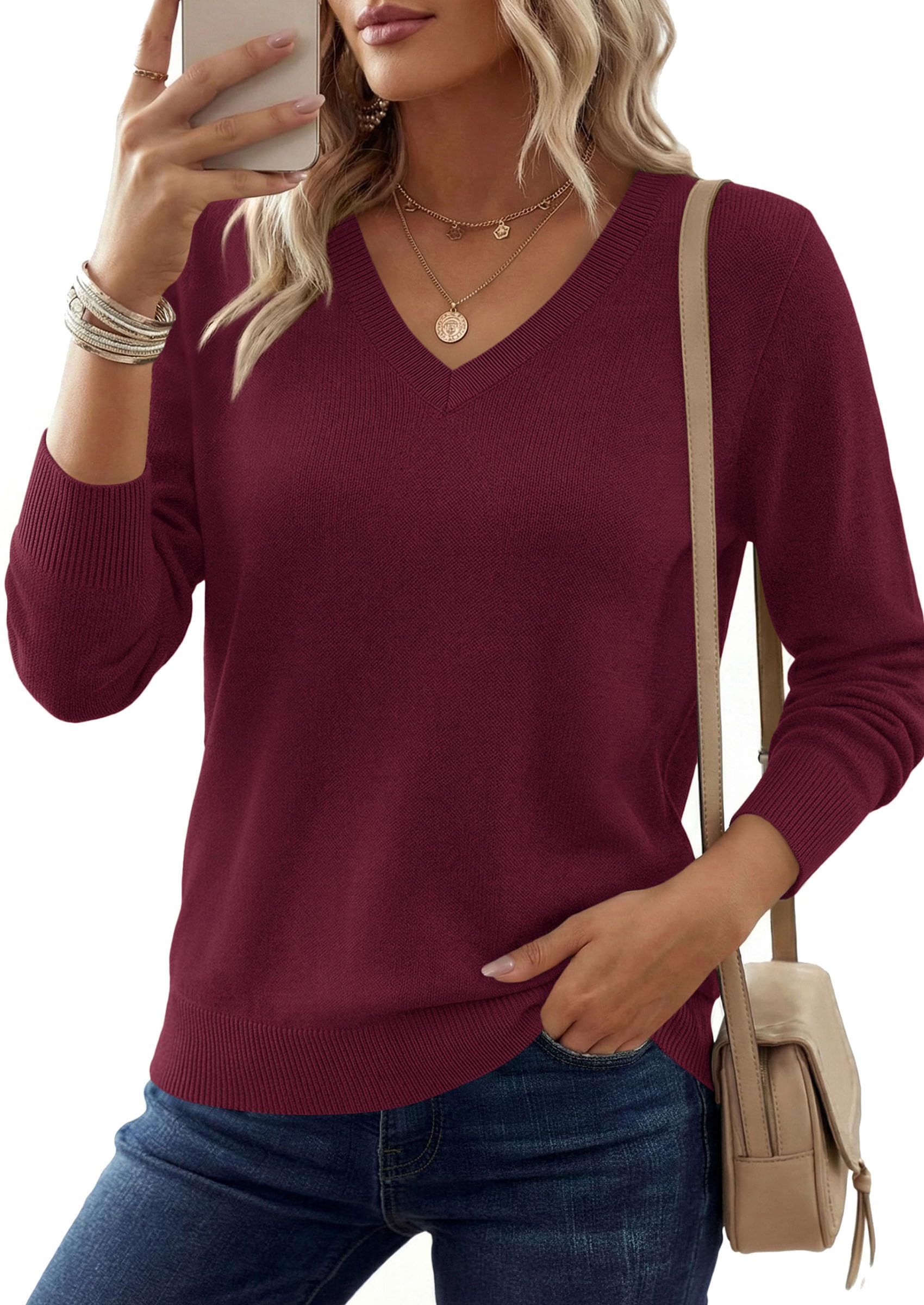 PRETTYGARDEN V Neck Sweaters for Women Cozy Fall Fashion | Soft Knit Loose Tops, Classic Pullover, Basic Layering Shirt for Office Work, Holiday, Casual Outings, Winter Warm Clothes