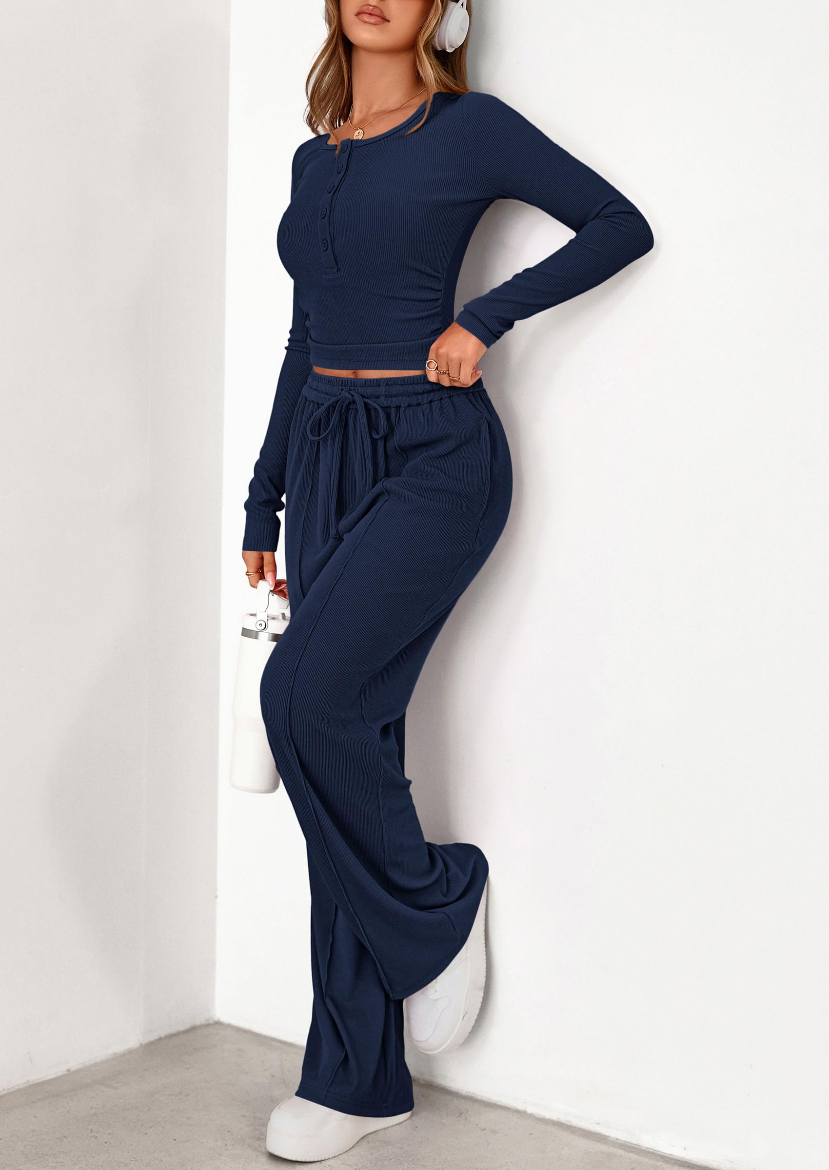 PRETTYGARDEN Women's  Fall Trendy 2 Piece Outfits Lounge Sets Long Sleeve Top Henley Shirts Wide Leg Pants Travel Clothes