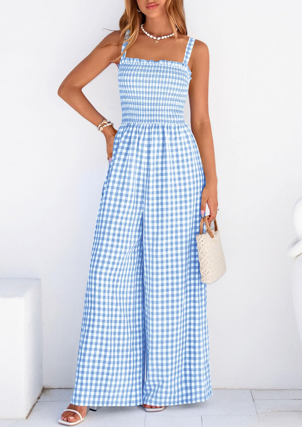 PRETTYGARDEN One Piece Jumpsuits for Women Casual Summer Cruise Outfits  Spring Fashion Smocked Wide Leg Gingham Rompers