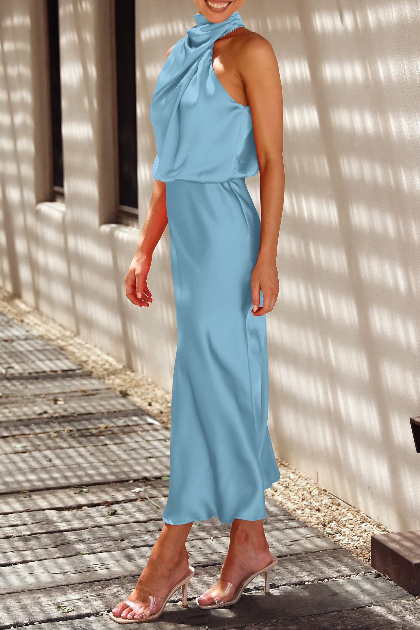 PRETTYGARDEN Women's Summer Satin Dress Elegant Sleeveless Mock Neck Cocktail Party Maxi Dresses