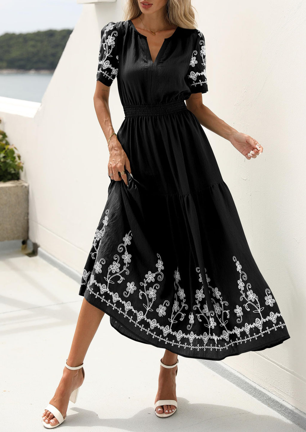 PRETTYGARDEN Women's Summer Boho Maxi Dress Spring Floral Short Sleeve V Neck A Line Flowy Beach Wedding Guest Dresses