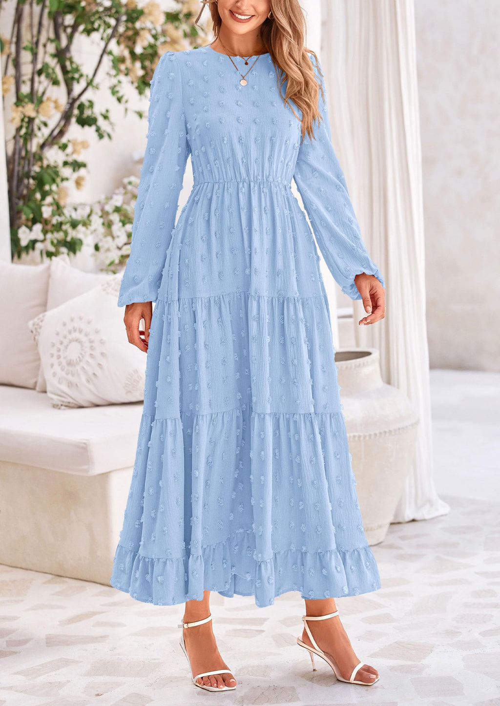 PRETTYGARDEN Women's Fall Spring Elegant Long Sleeve Maxi Dress Swiss Dot A Line Flowy Casual Holiday Party Going Out Dresses