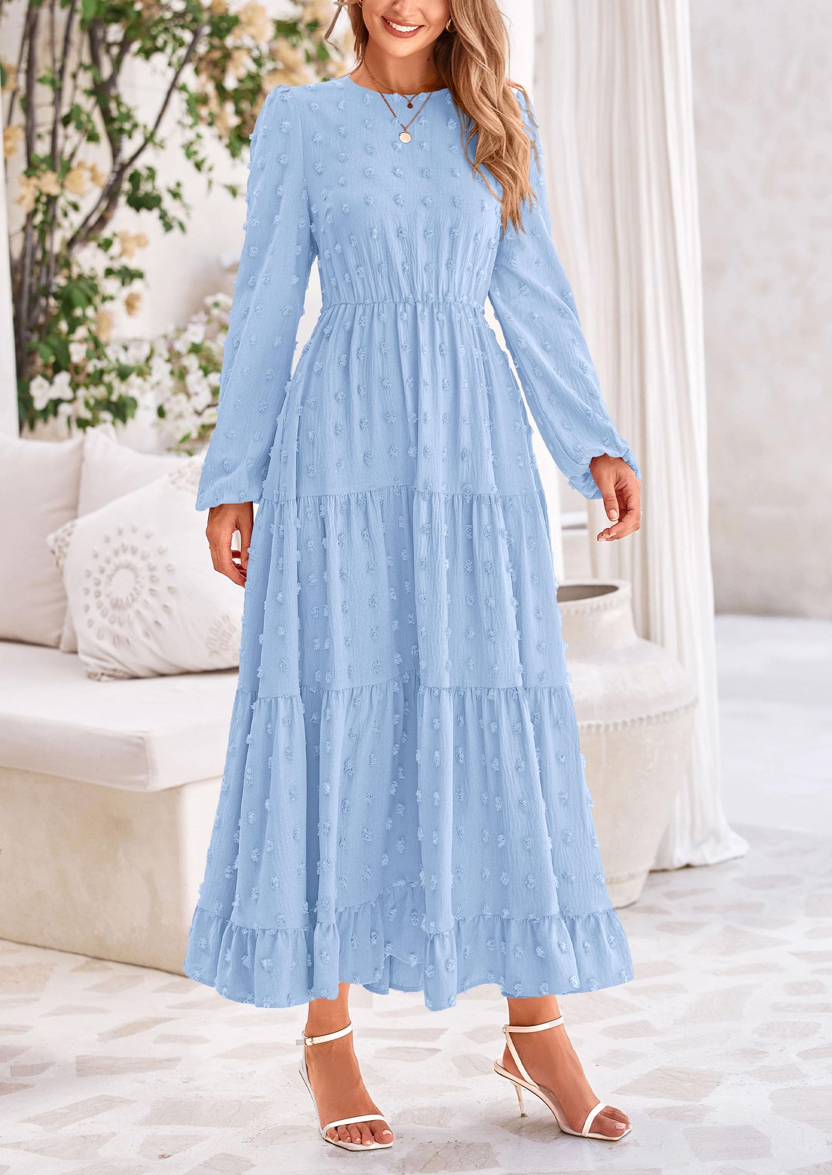 PRETTYGARDEN Women's Fall Spring Elegant Long Sleeve Maxi Dress Swiss Dot A Line Flowy Casual Holiday Party Going Out Dresses