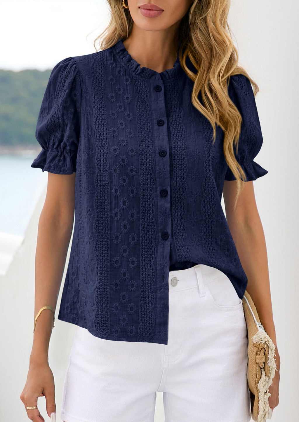 PRETTYGARDEN Womens Puff Short Sleeve Tops  Summer Spring Button Down Boho Embroidered Cute Blouse Dressy Casual Shirts