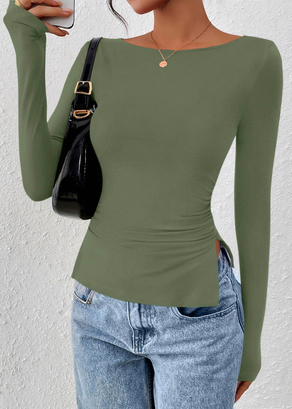 FreshPretty Long Sleeve Shirts for Women Fall Casual Boat Neck Knit Workout Going Out Tops Fitted Side Slit Basic Tees