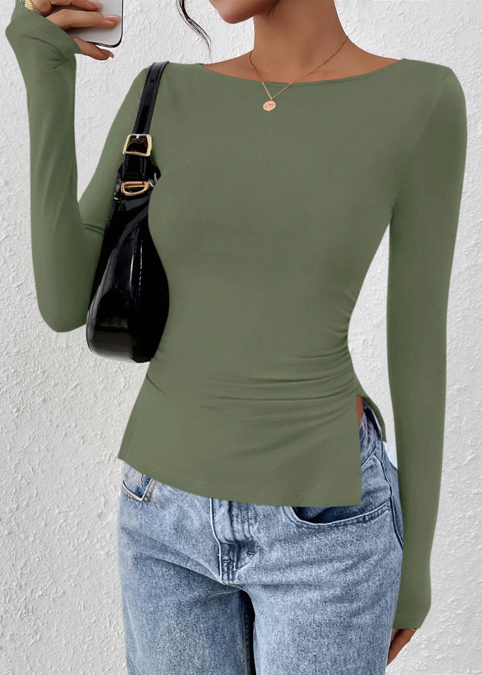 FreshPretty Long Sleeve Shirts for Women Fall Casual Boat Neck Knit Workout Going Out Tops Fitted Side Slit Basic Tees