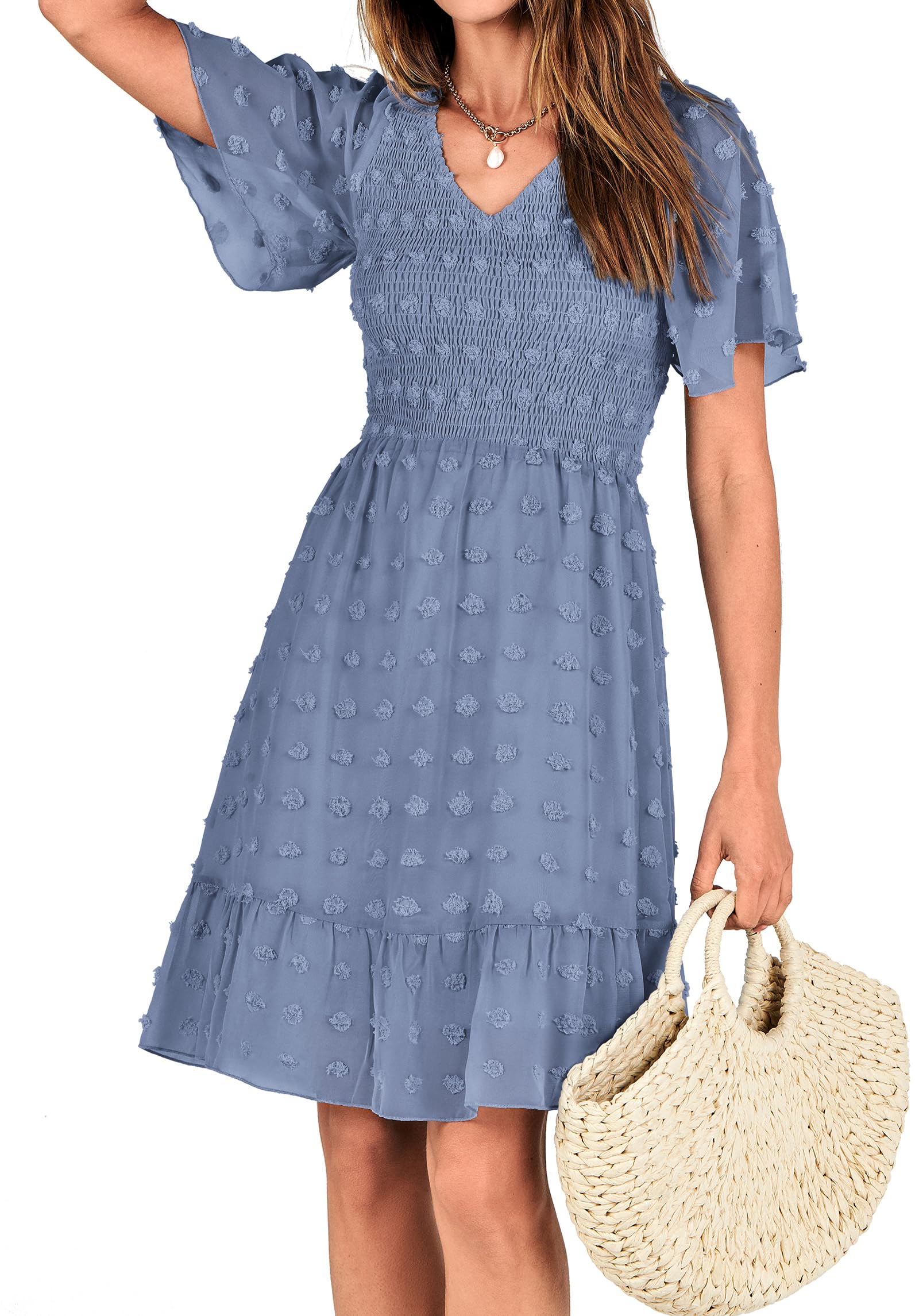 FreshPretty Womens Beach Vacation Dress Summer V Neck Short Sleeve Smocked Swiss Dot Cute Ruffle Casual Fall Mini Dresses