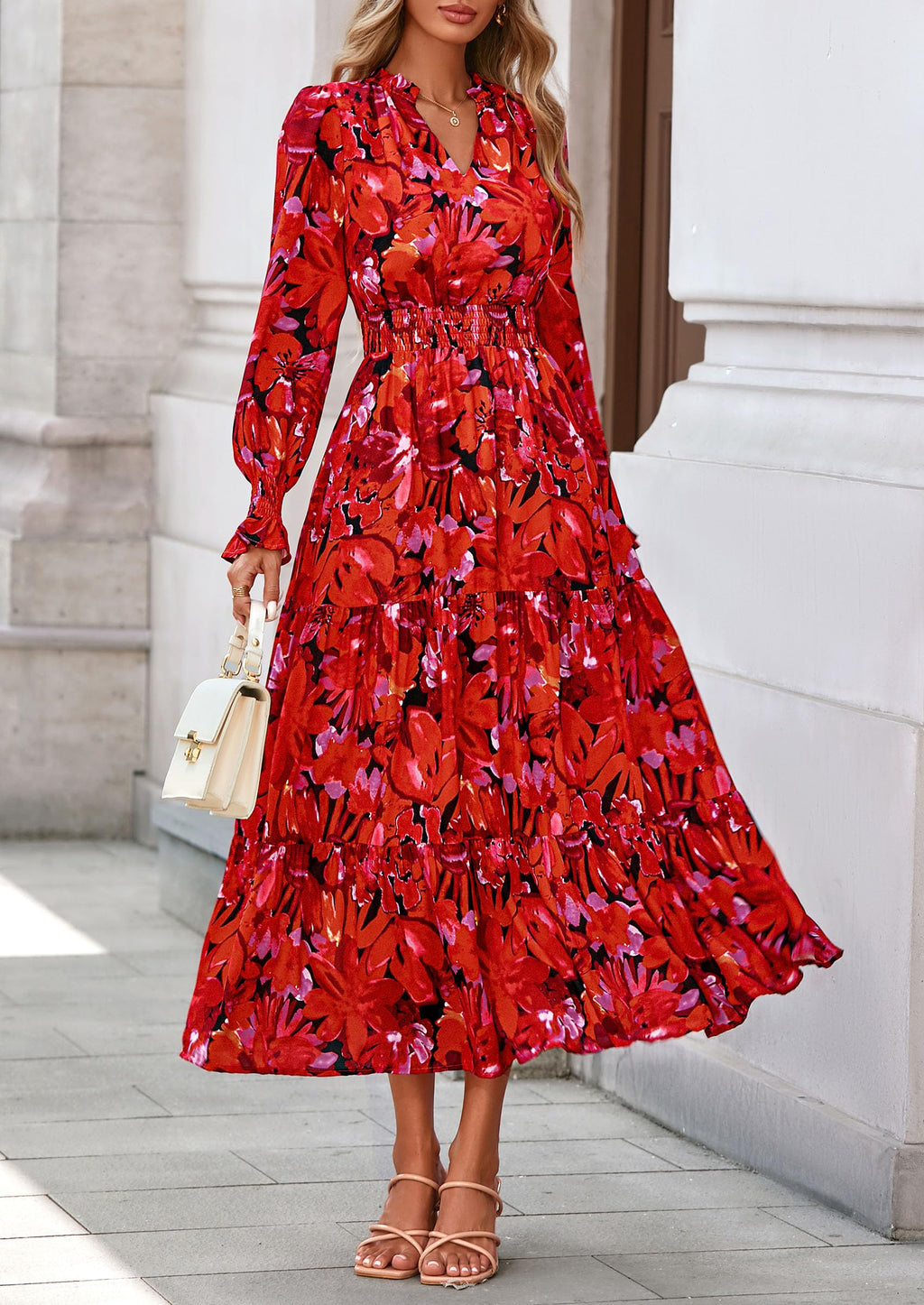 PRETTYGARDEN Women's Floral Maxi Dress Fall Long Sleeve V Neck Casual A Line Long Flowy Boho Party Dresses