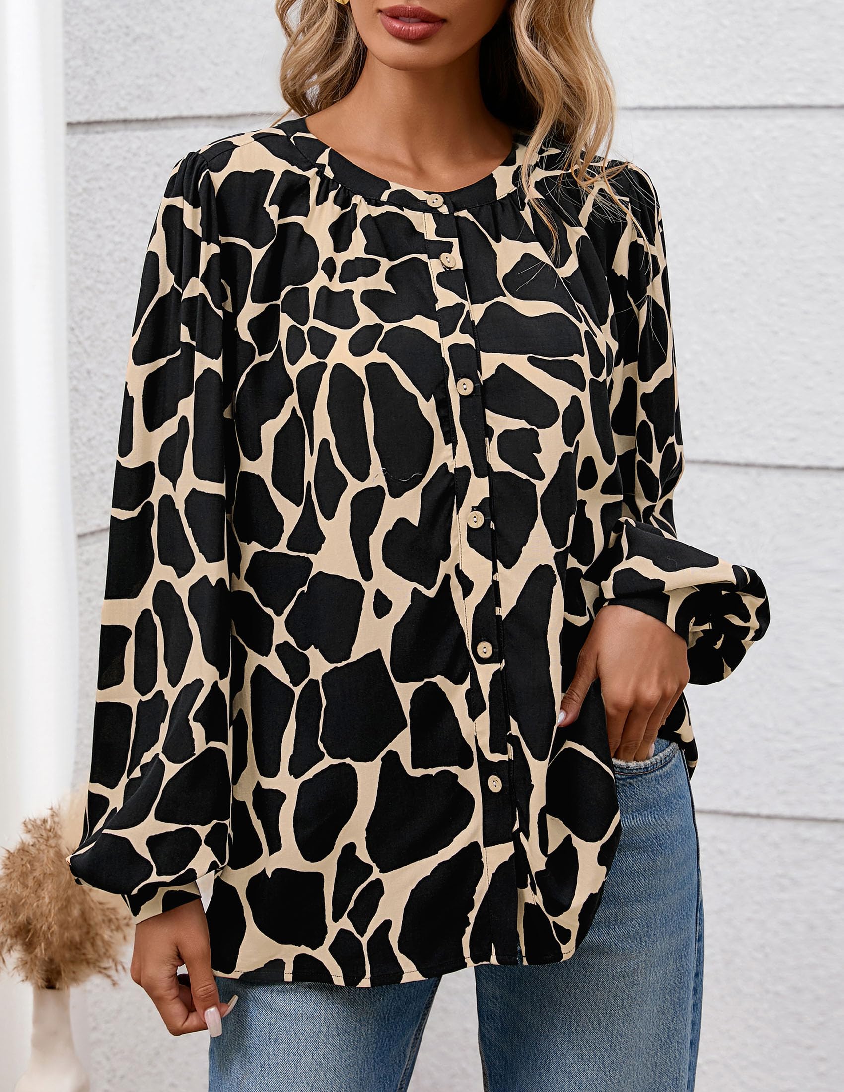 PRETTYGARDEN Women's Floral Button Down Blouse Fall Fashion Dressy Casual Long Sleeve Oversized Shirts Top Boho Clothes