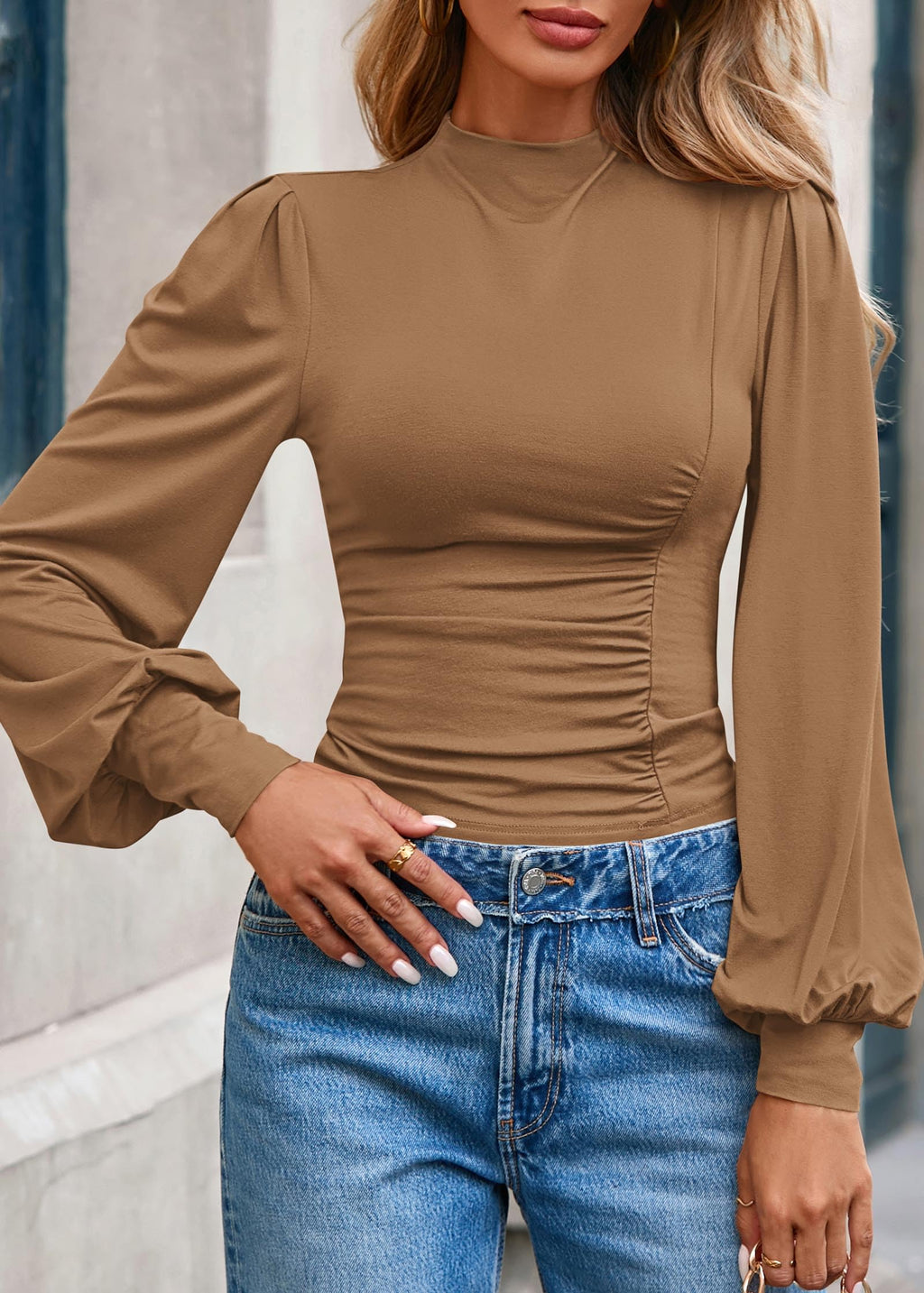 FreshPretty Blouses for Women Dressy Casual Spring Tops Fall Puff Long Sleeve Shirts Fitted Mock Neck Ruched Trendy Tops