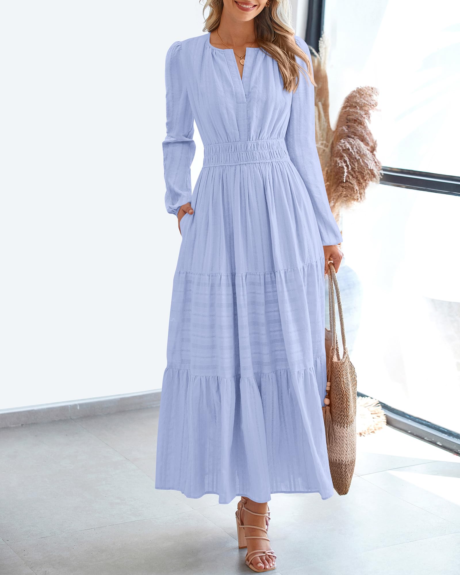 FreshPretty Fall Dresses for Women Casual Long Sleeve V Neck Elastic Waist Lightweight Maxi Wedding Guest Dress Pockets