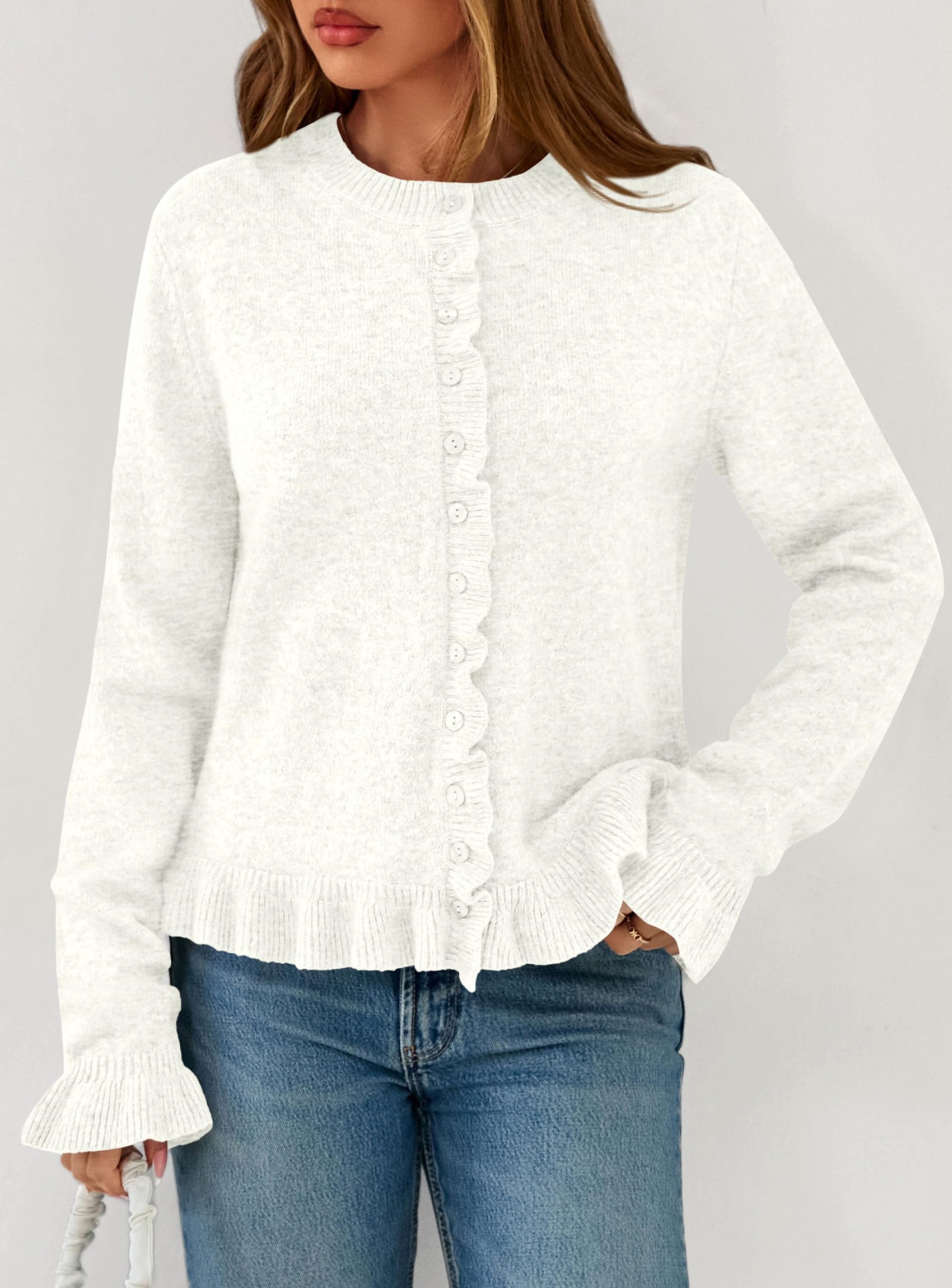 PRETTYGARDEN Womens Fall Button Down Cardigans Chunky Knit Ruffle Open Front Cropped Cardigan Sweaters Soft Long Sleeve Tops