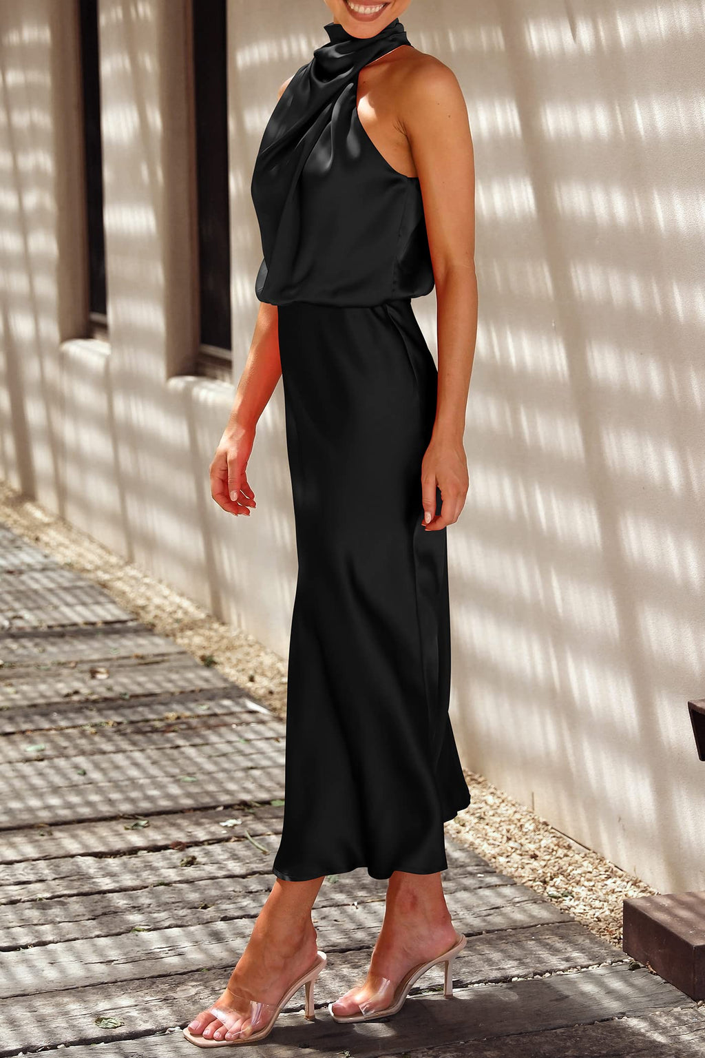 PRETTYGARDEN Women's Summer Satin Dress Elegant Sleeveless Mock Neck Cocktail Party Maxi Dresses