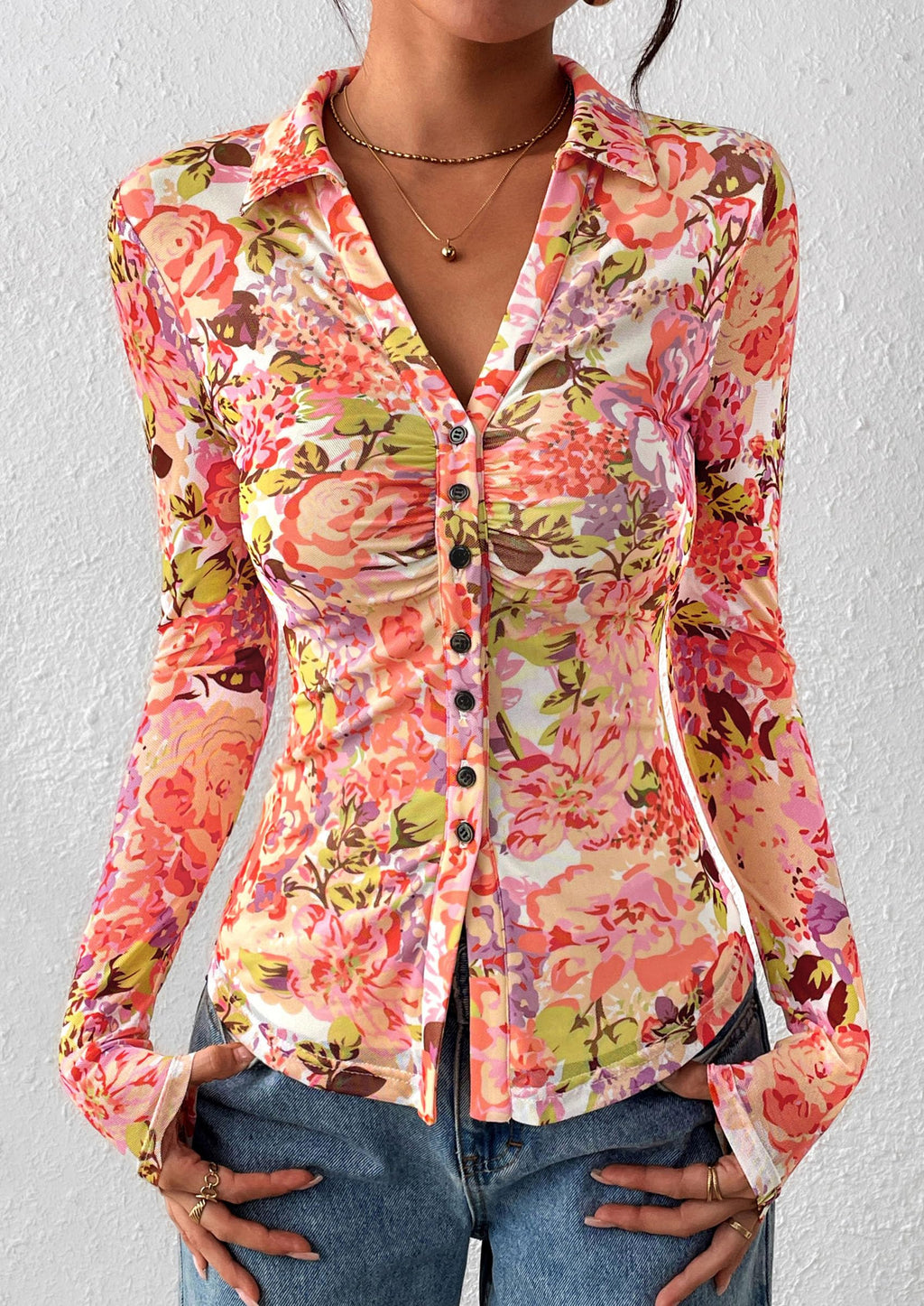 PRETTYGARDEN Women Button Down Floral Shirts Fall Trendy Long Sleeve V Neck Mesh Boho Blouse Spring Tops Date Outfits