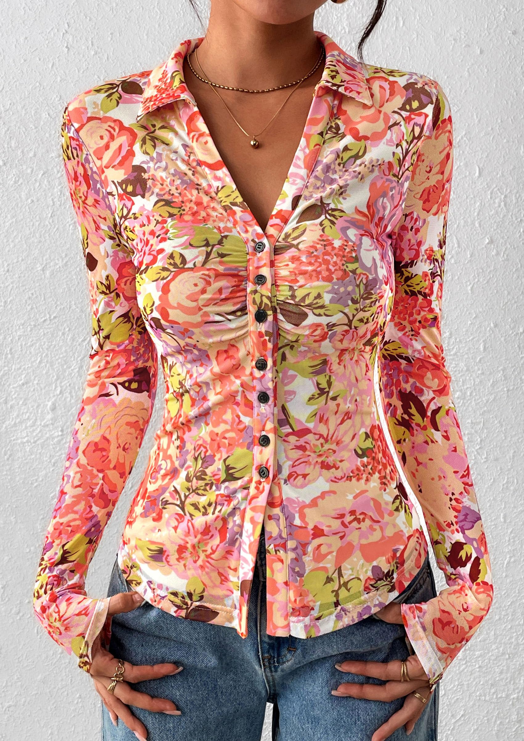 PRETTYGARDEN Women Button Down Floral Shirts Fall Trendy Long Sleeve V Neck Mesh Boho Blouse Spring Tops Date Outfits