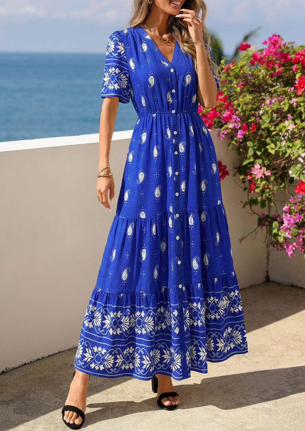 PRETTYGARDEN Womens Summer Boho Maxi Dress Trendy Short Sleeve V Neck Flowy Beach Floral Dresses with Pockets