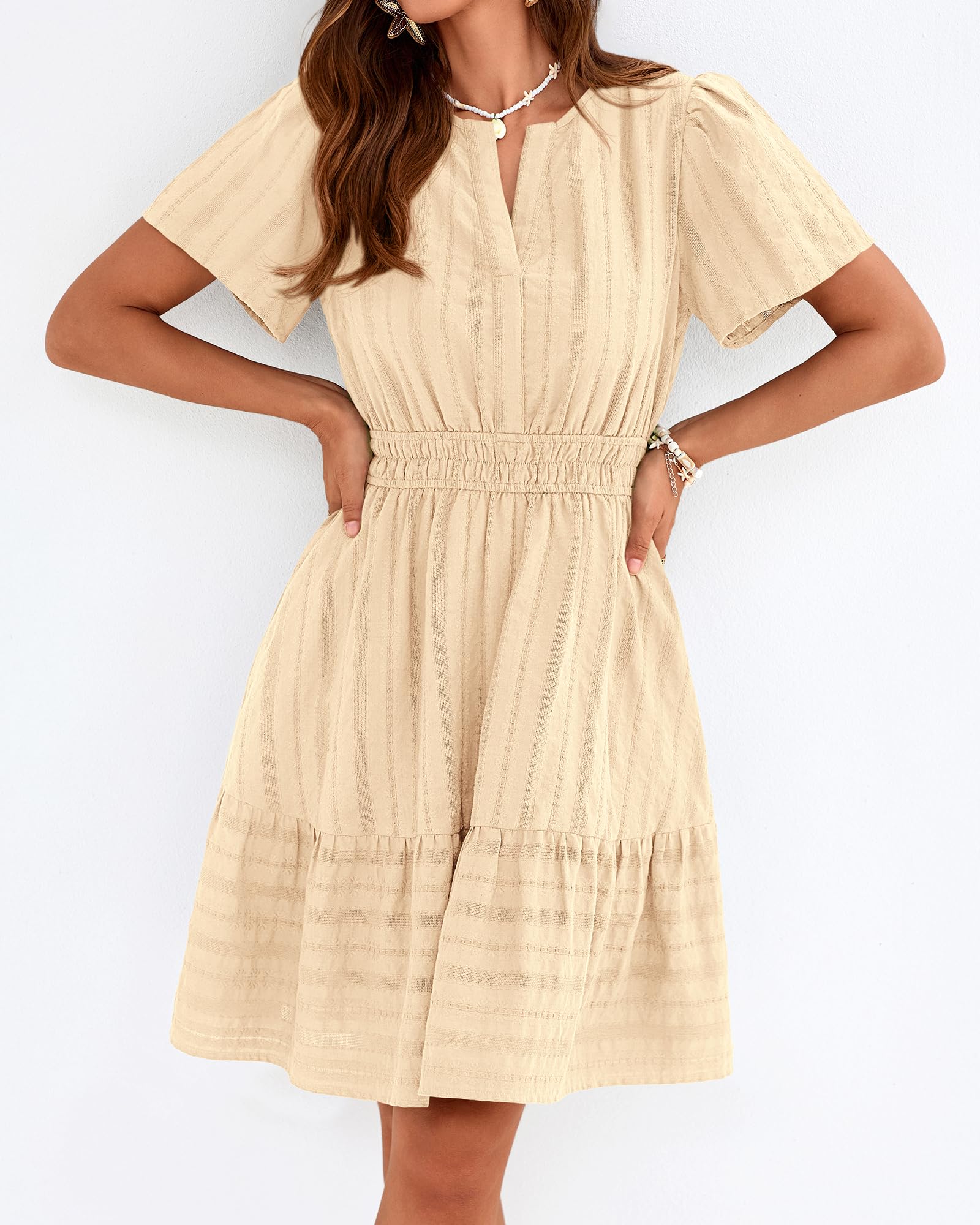BTFBM Womens Spring  Casual Mini Dresses Lightweight Short Sleeve V Neck Elastic Waist Cute Boho Beach Dress Pockets