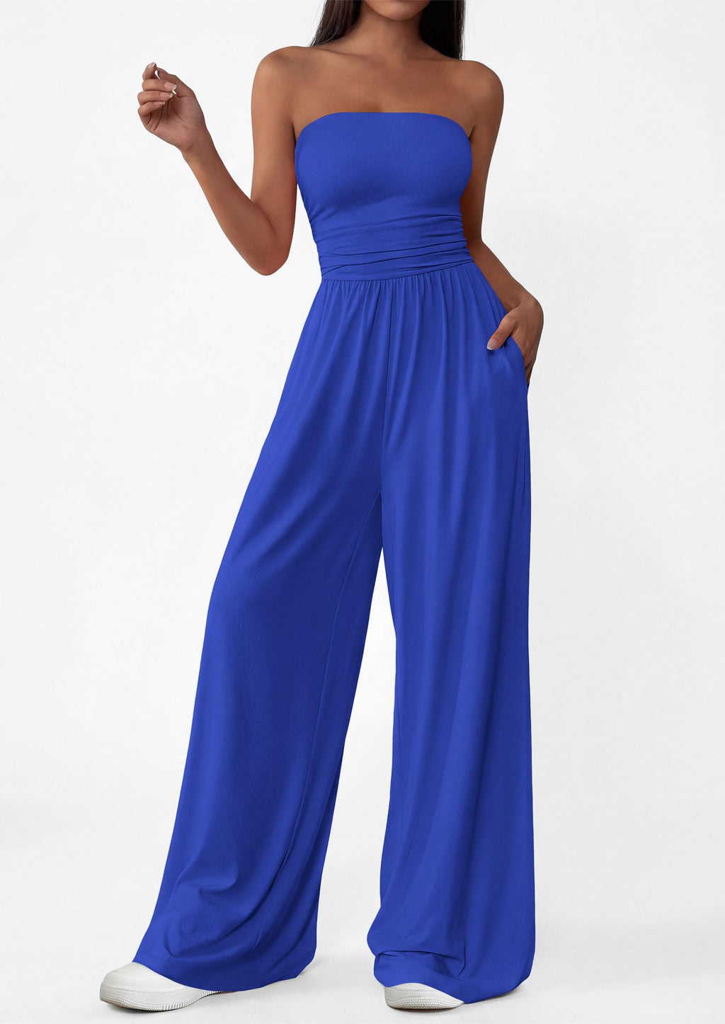 PRETTYGARDEN Womens Trendy Strapless Rompers Ruched Tube Top Wide Leg One Piece Jumpsuits Beach Vacation Summer Outfits