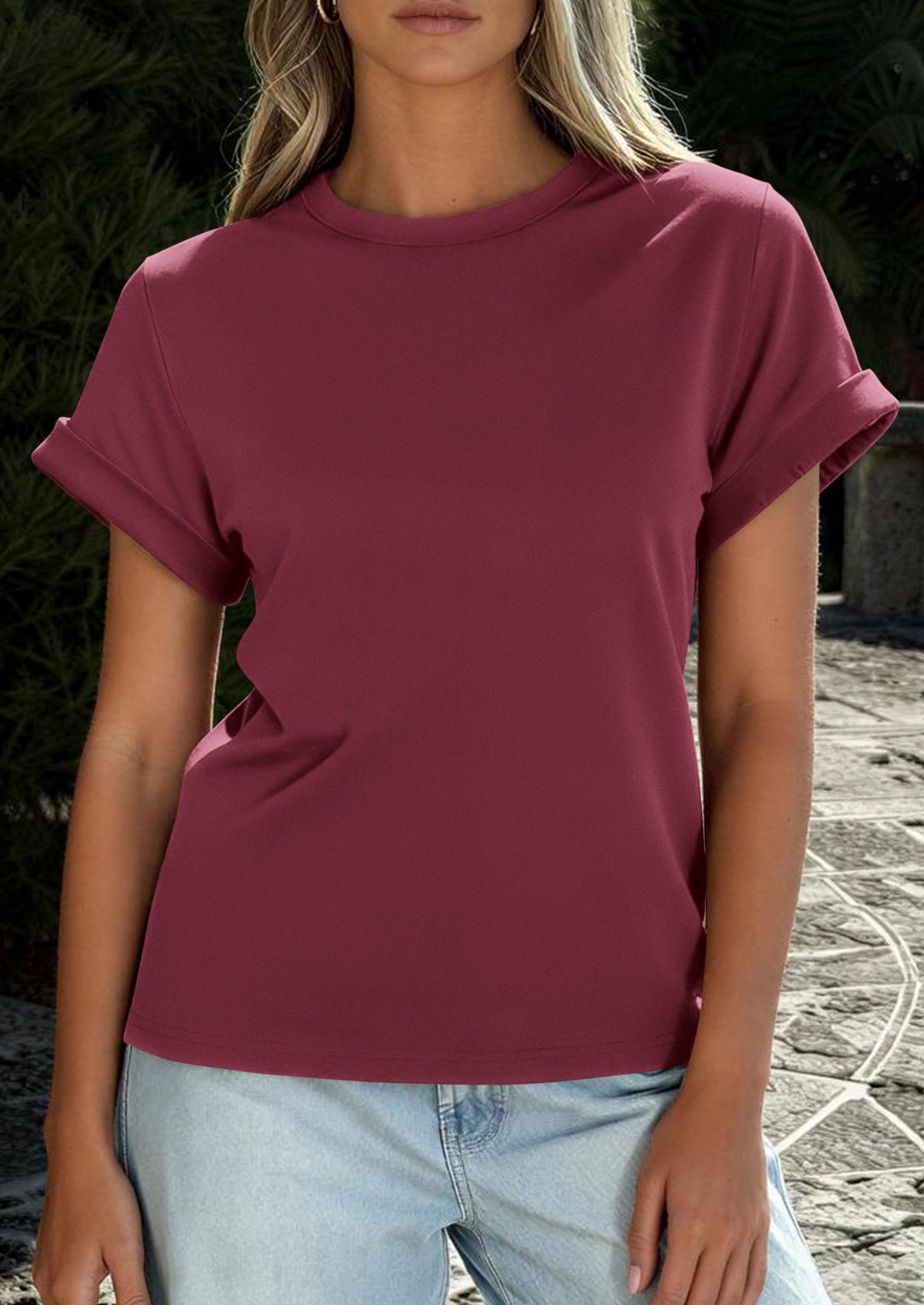 PRETTYGARDEN Womens Summer Tops Spring Casual Rolled Short Sleeve Basic Tees Crew Neck Work Shirts Fashion Clothing