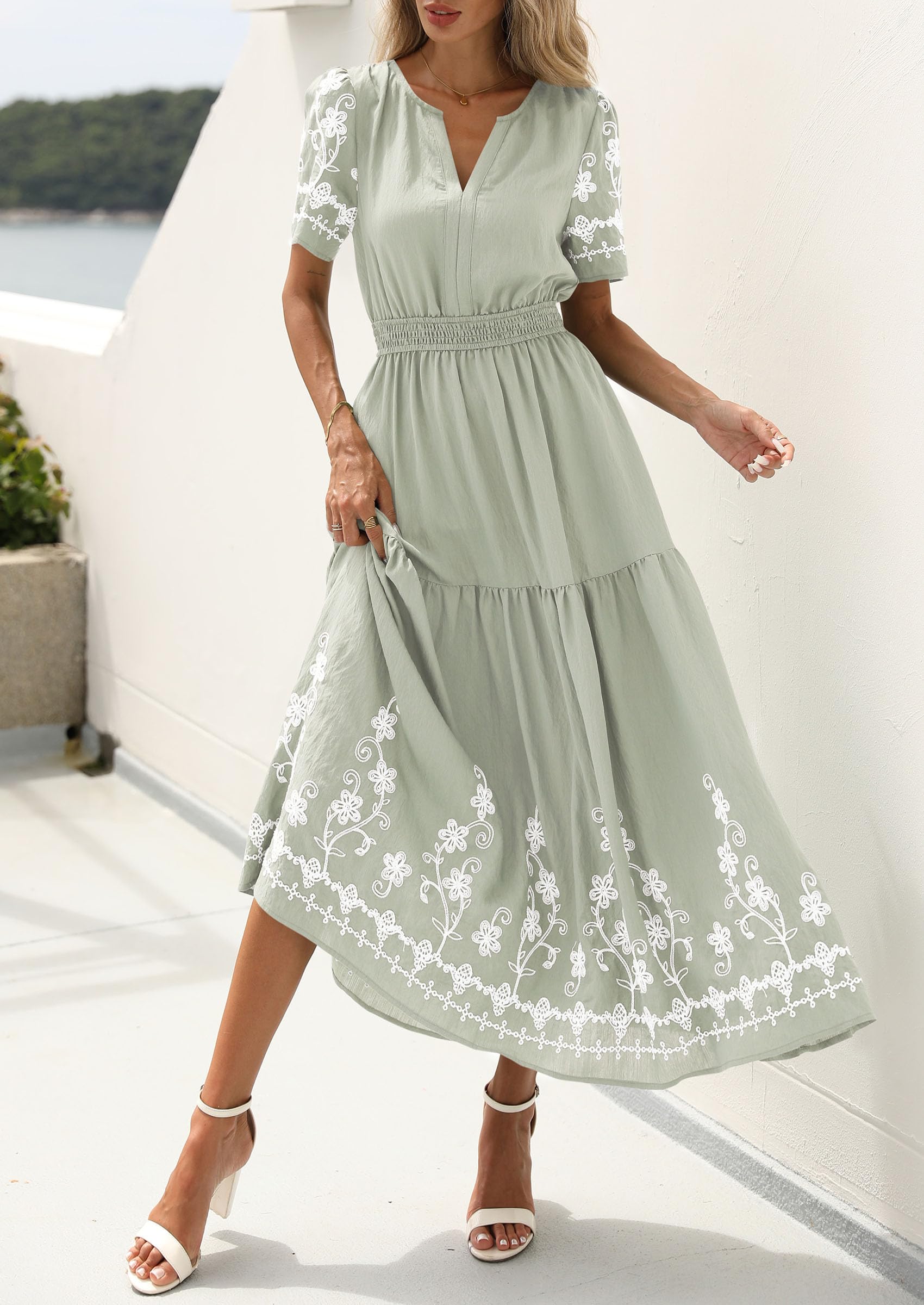 PRETTYGARDEN Women's Summer Boho Maxi Dress Spring Floral Short Sleeve V Neck A Line Flowy Beach Wedding Guest Dresses