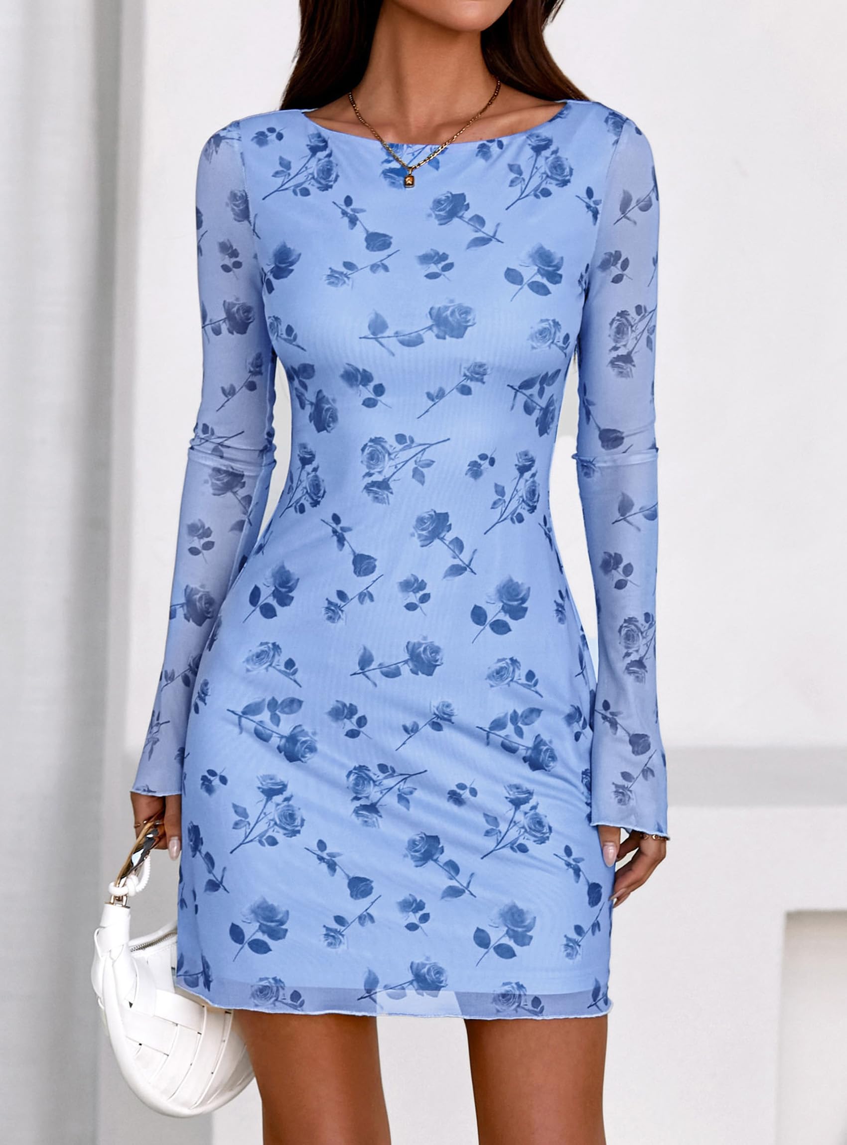 PRETTYGARDEN Women's Fall Fashion Floral Long Sleeve Mini Dress Mesh Bodycon Short Party Date Night Going Out Dresses