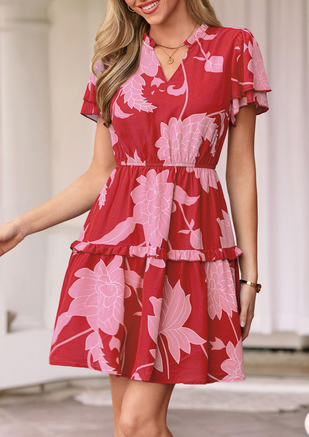 PRETTYGARDEN Womens Summer Floral Mini Dress  Trendy Ruffle Short Sleeve V Neck Flowy A Line Short Beach Dresses